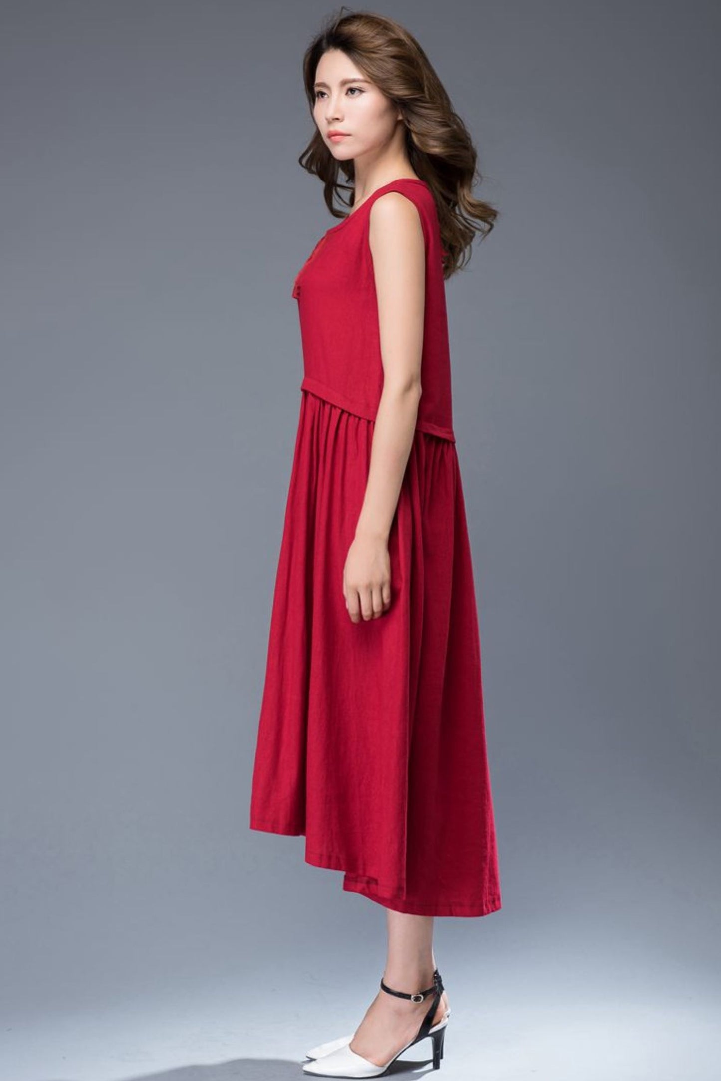 Red linen midi sleeveless loose summer dress C944