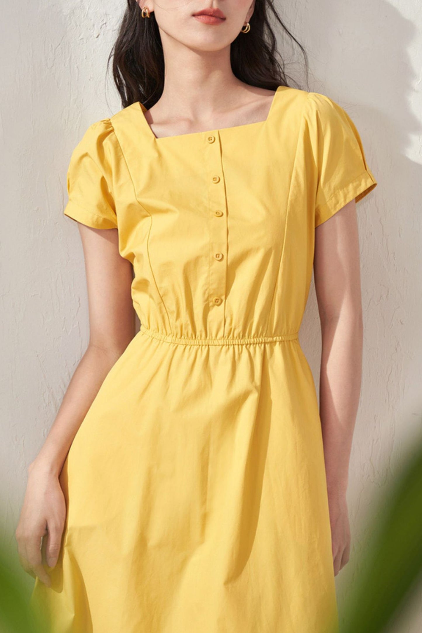Yellow Cotton A-Line Dress - Square Neck with Elastic Waist TT0028