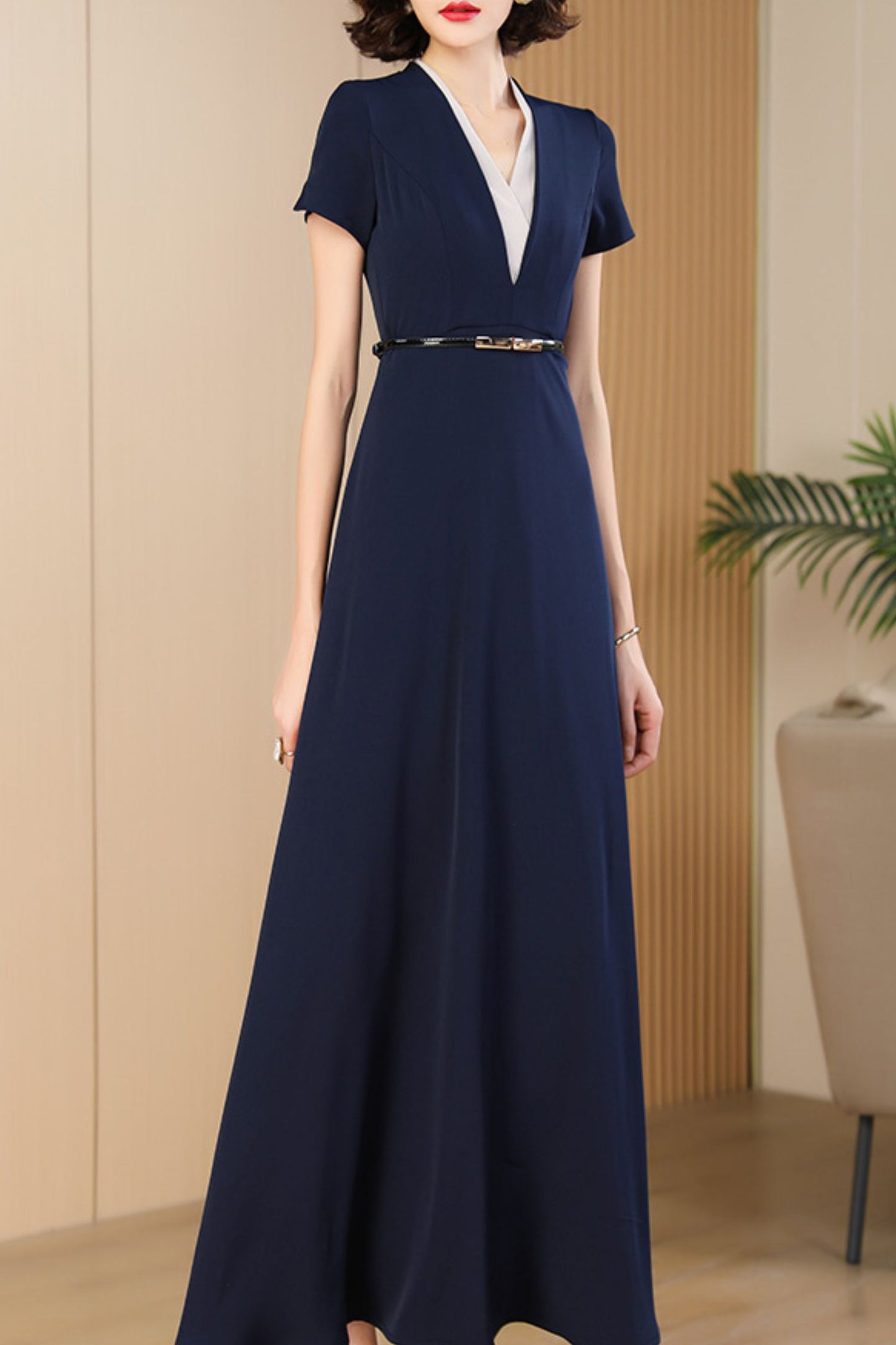 Navy Blue Polyester Dress - V-Neck, Short Sleeve, Flowy Summer Silhouette C4079