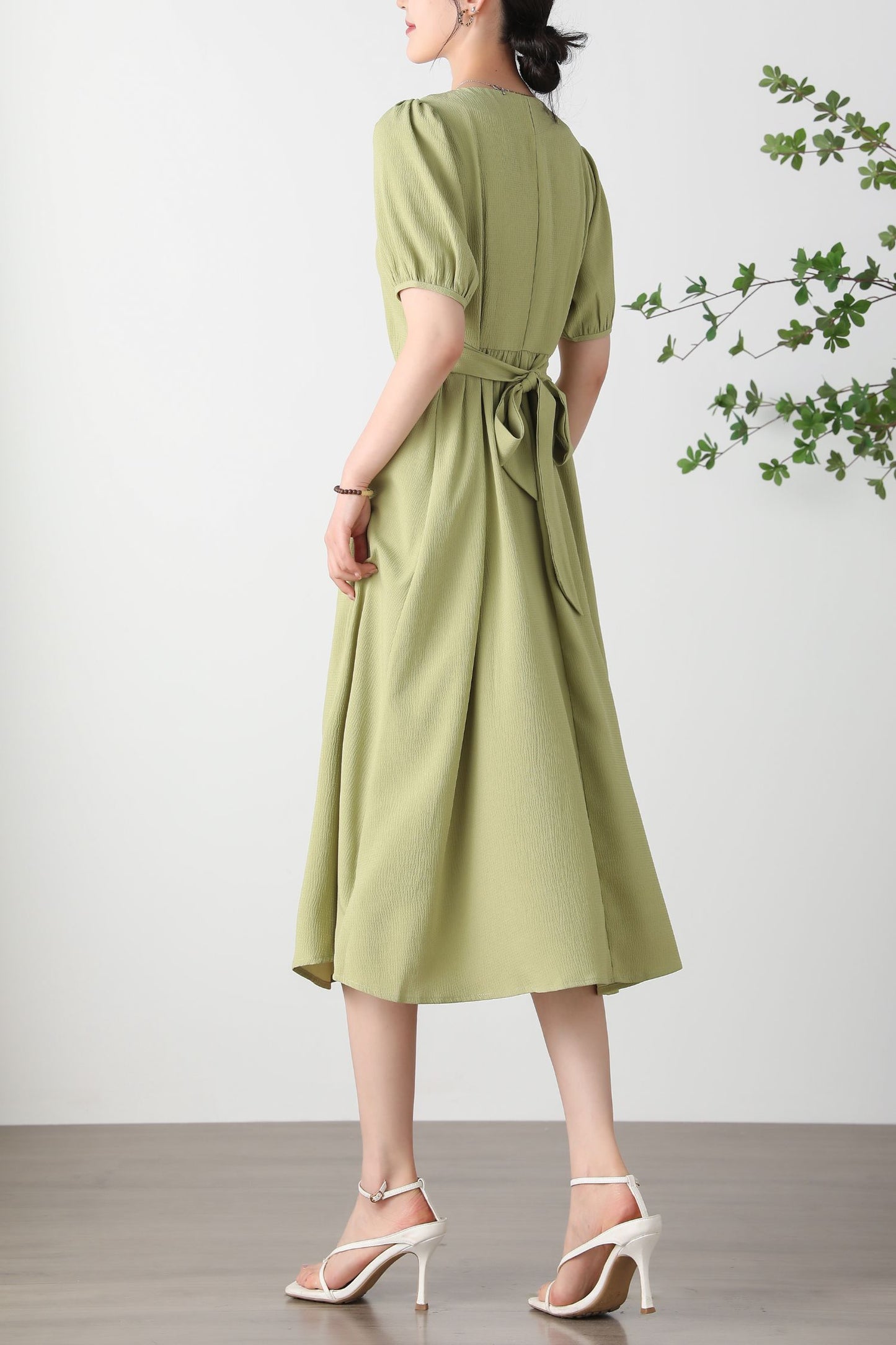 Green Polyester Midi Dress - V-Neck Button Front A-Line C3259