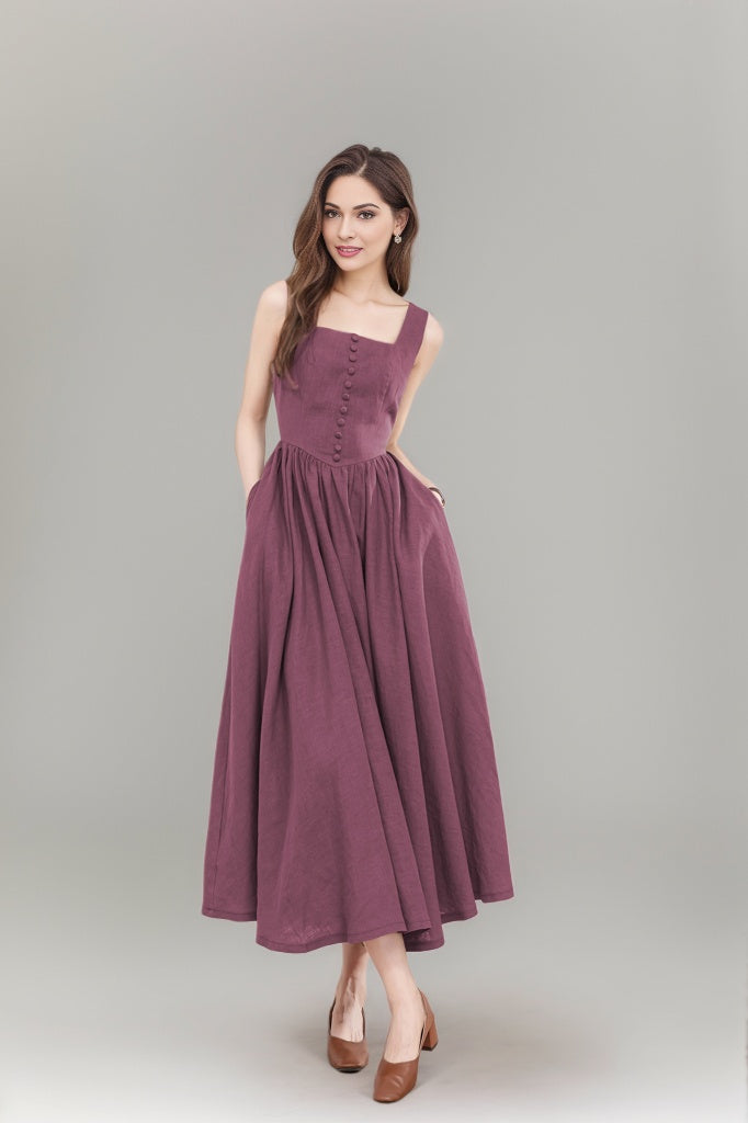 Purple Sleeveless Linen Pinafore Dress C4789