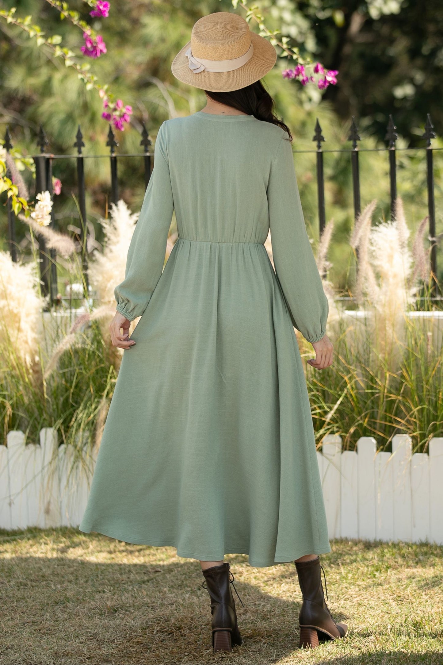 Sage Green Linen Cotton Midi Dress: Vintage Long Sleeve Button Front A-Line Dress, Ylistyle C5435