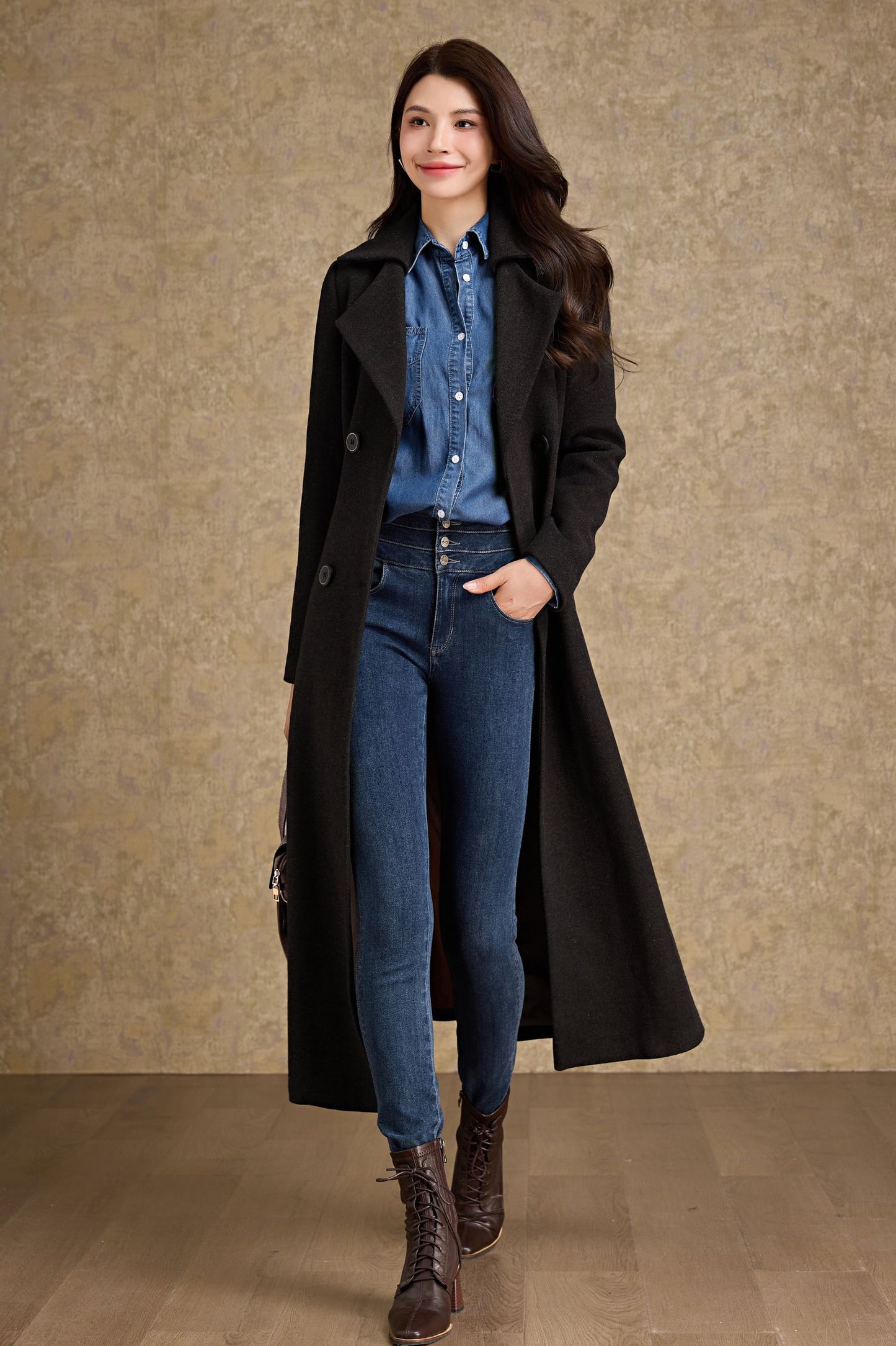 Winter warm brown Long Wool Coat C4479