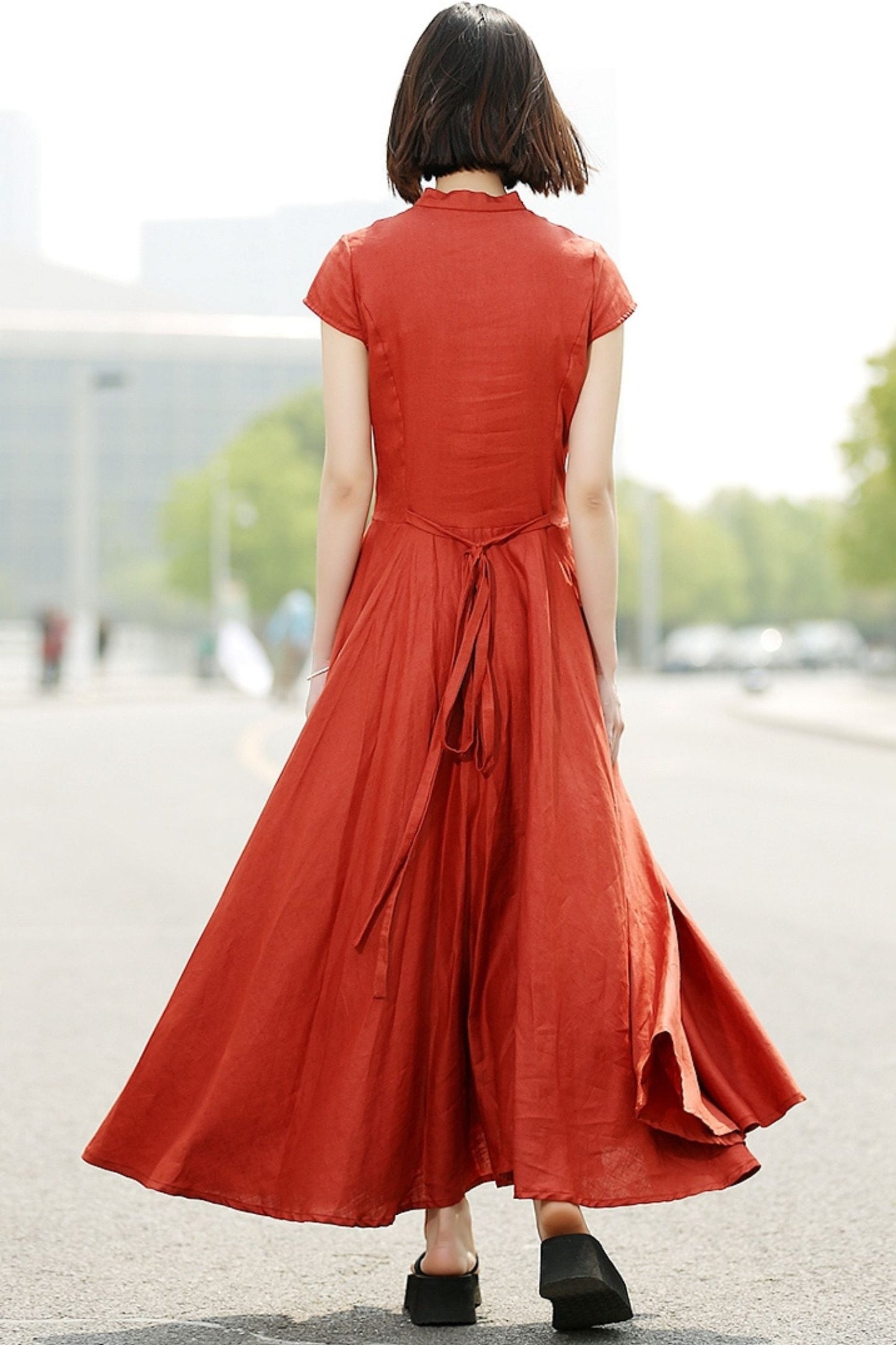 Linen maxi womens summer orange short sleeve dress C352