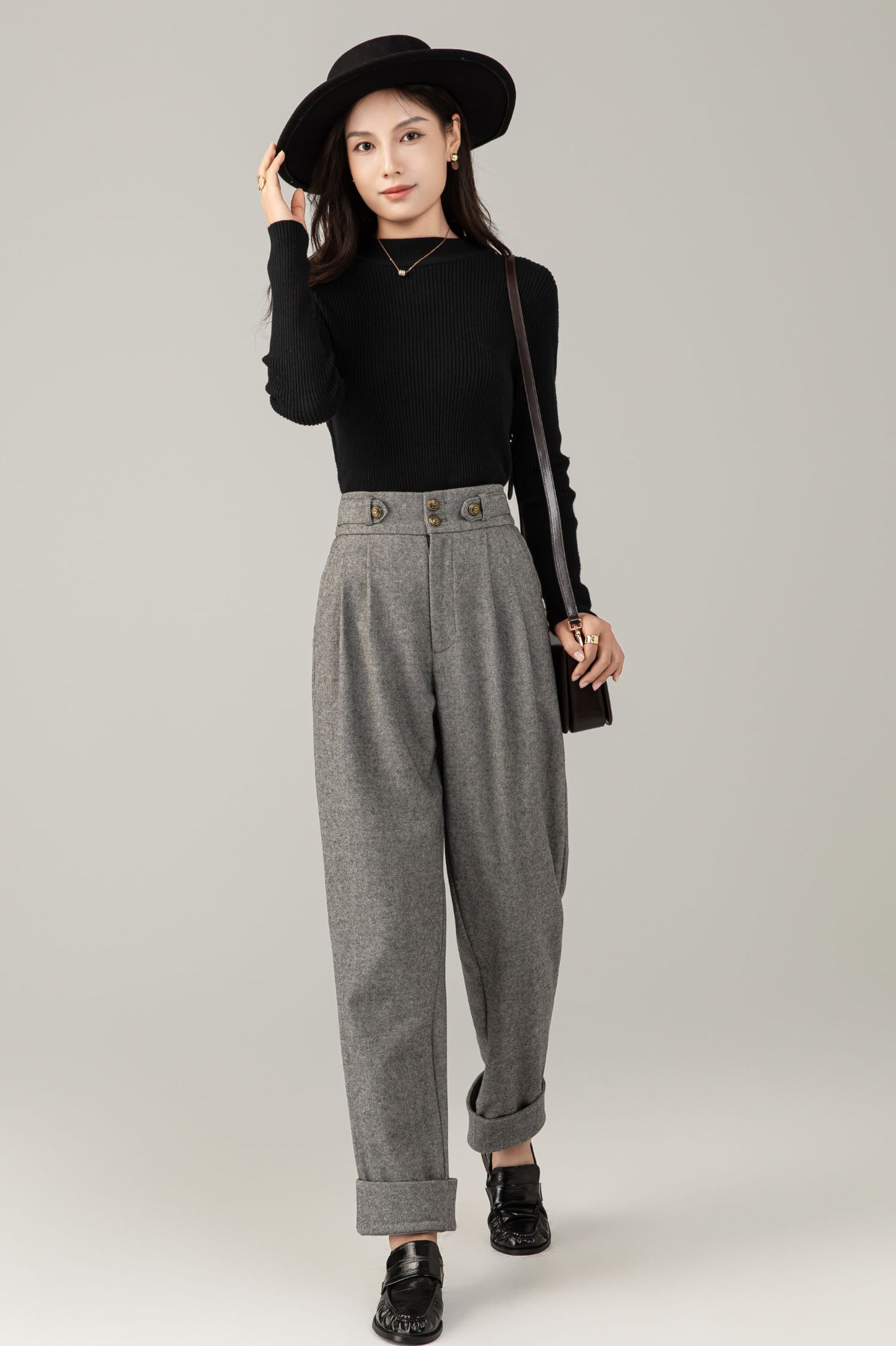 High-Waist Wool Trousers: Vintage Grey Pleated Cuffed Pants C5247