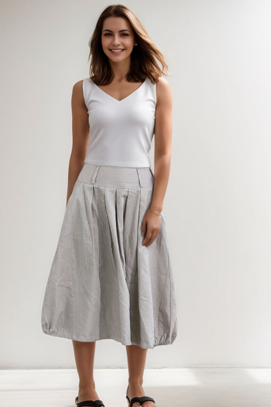 Light Grey Linen Cotton Swing Skirt - Back Elastic Waist C291