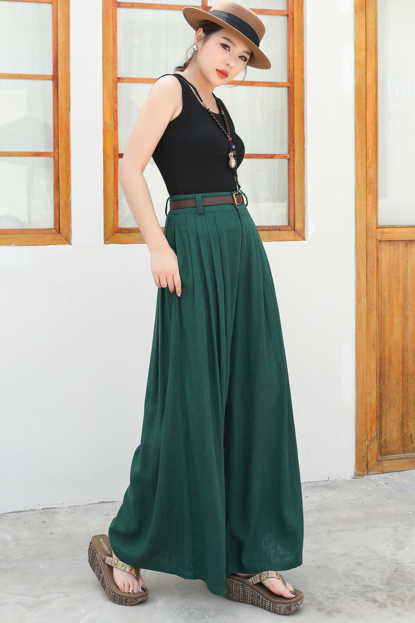 Wide leg green linen pants c4836