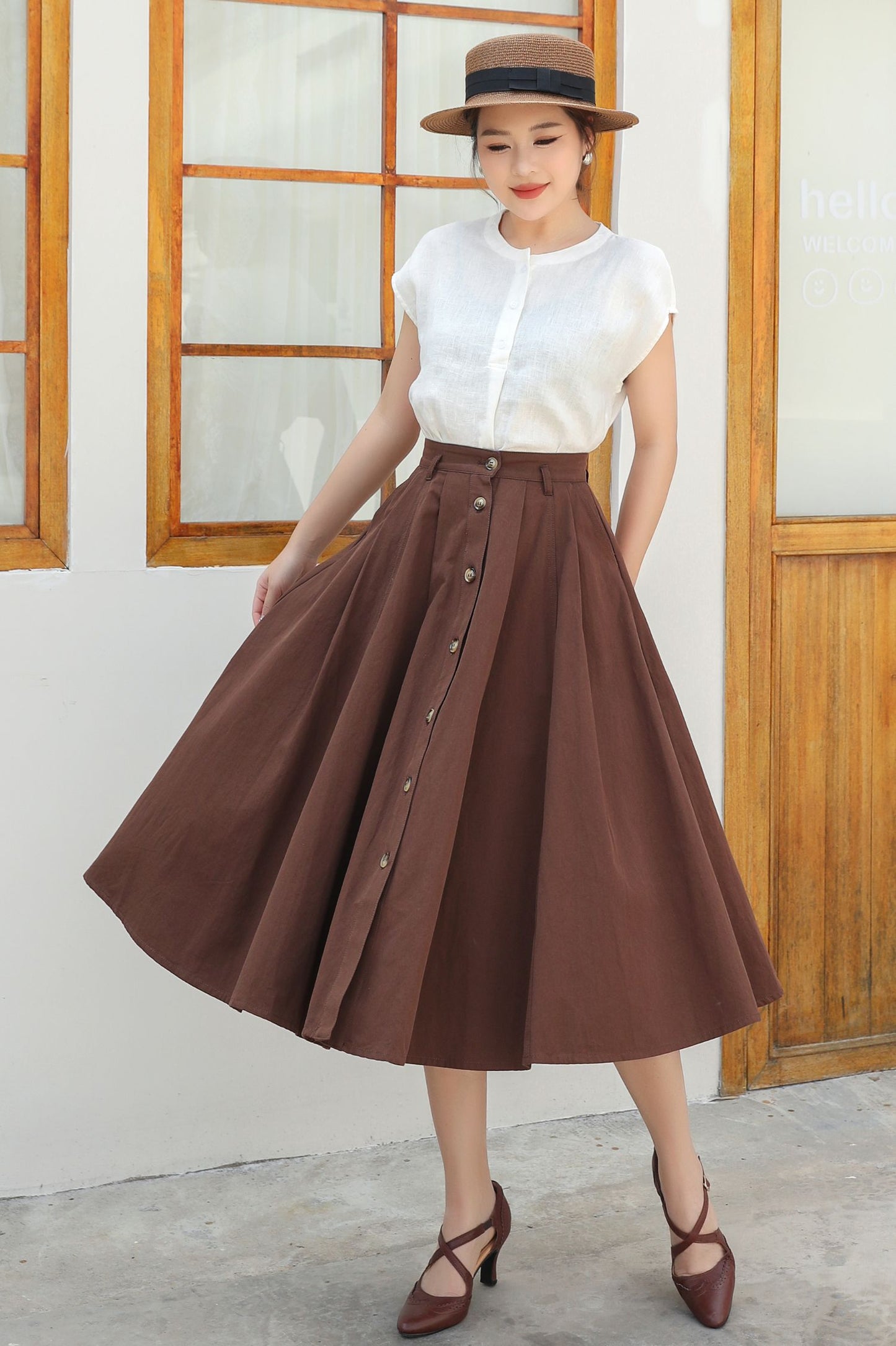 Button down midi Linen skirt c4834