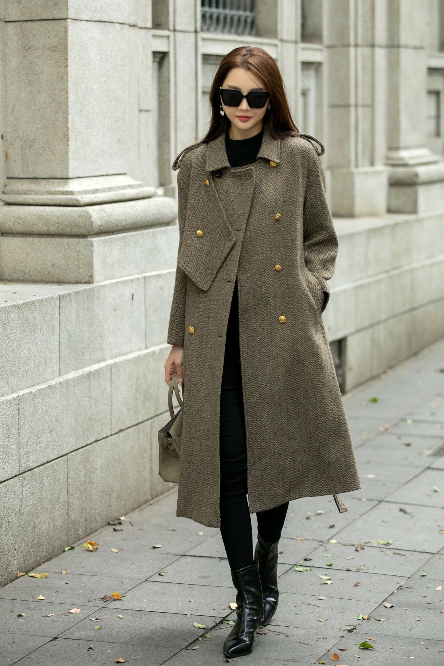 Asymmetrical double breasted long trench wool coat C4498