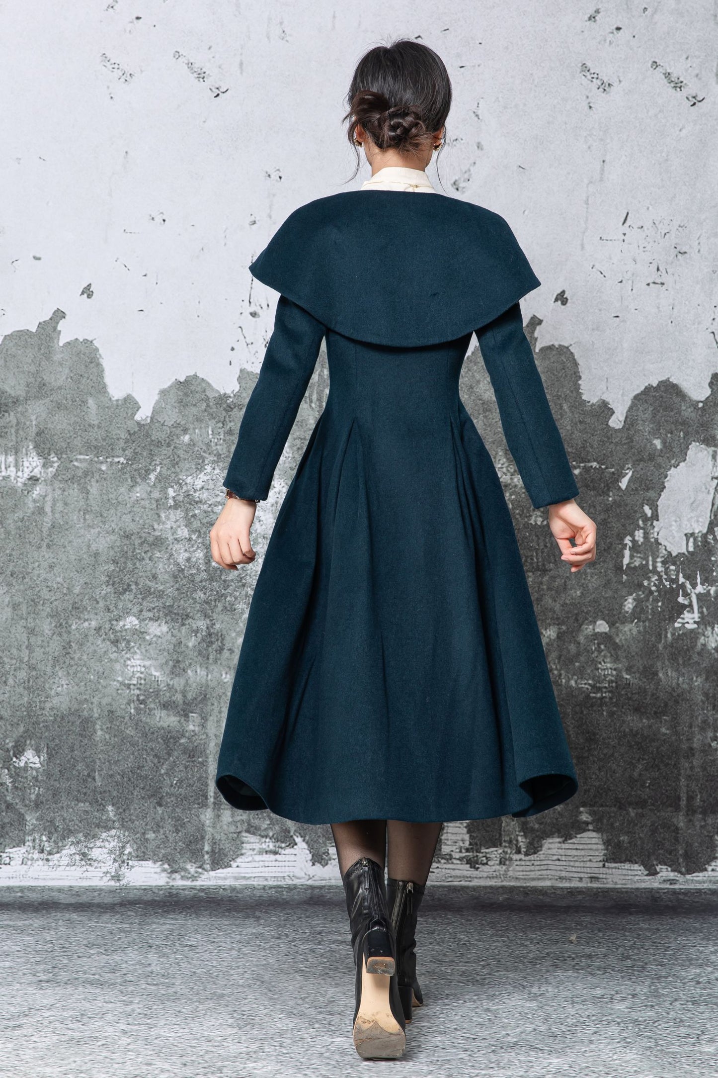 Dark Teal Wool Midi Coat - Large Lapel & Fit-and-Flare Silhouette C5480