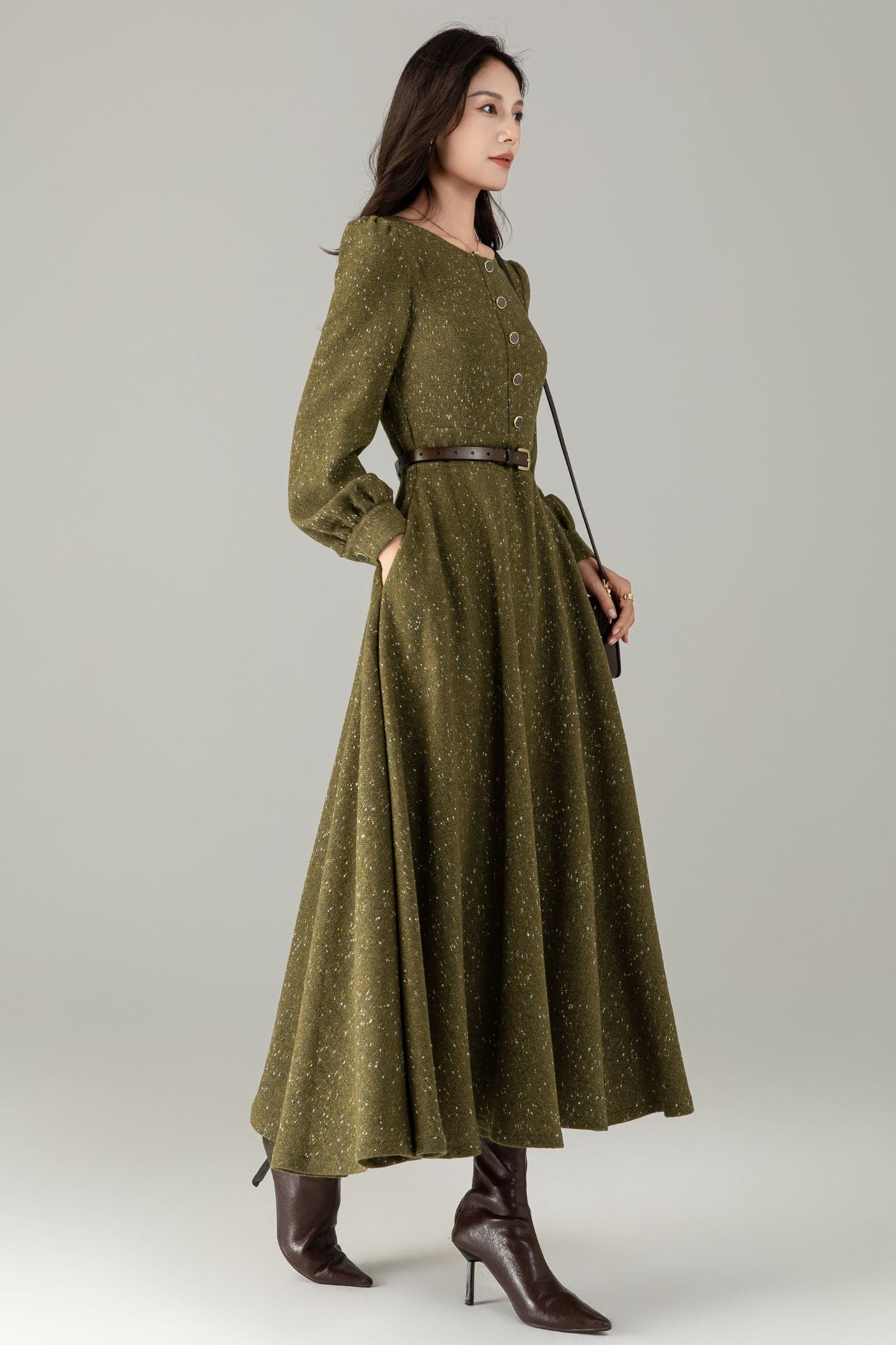 Olive Tweed Wool Maxi Dress — Vintage Button‑Front A‑Line with Pockets C5243