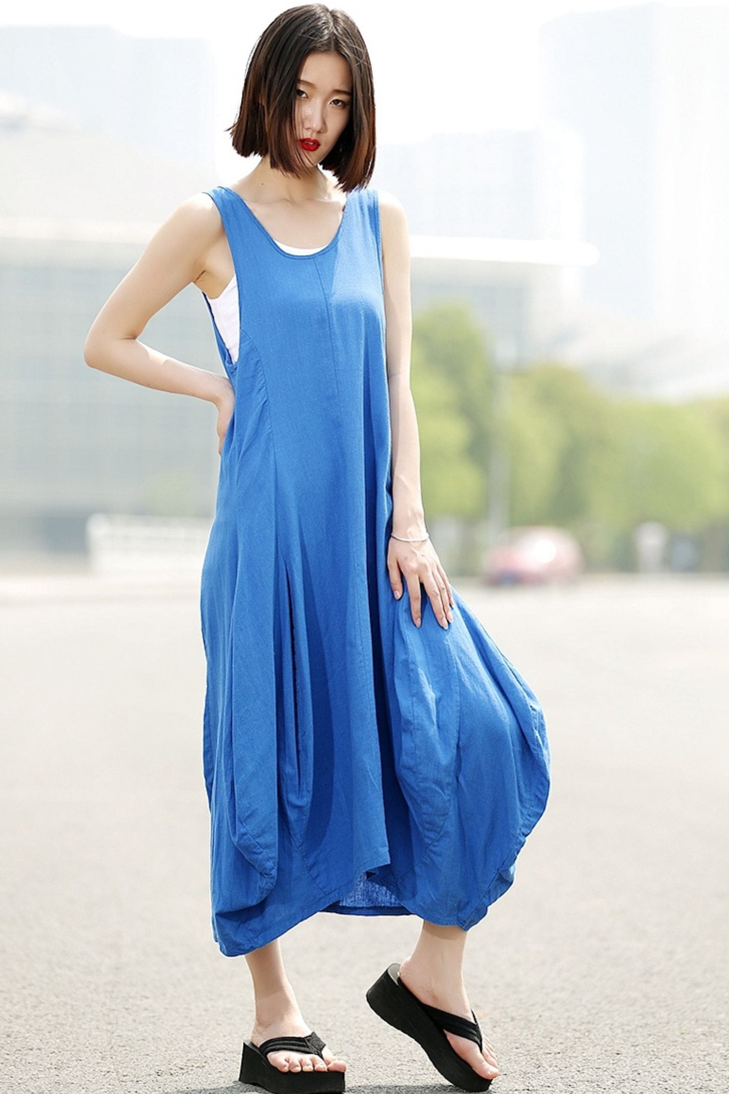 Linen long vest sleeveless dress C355