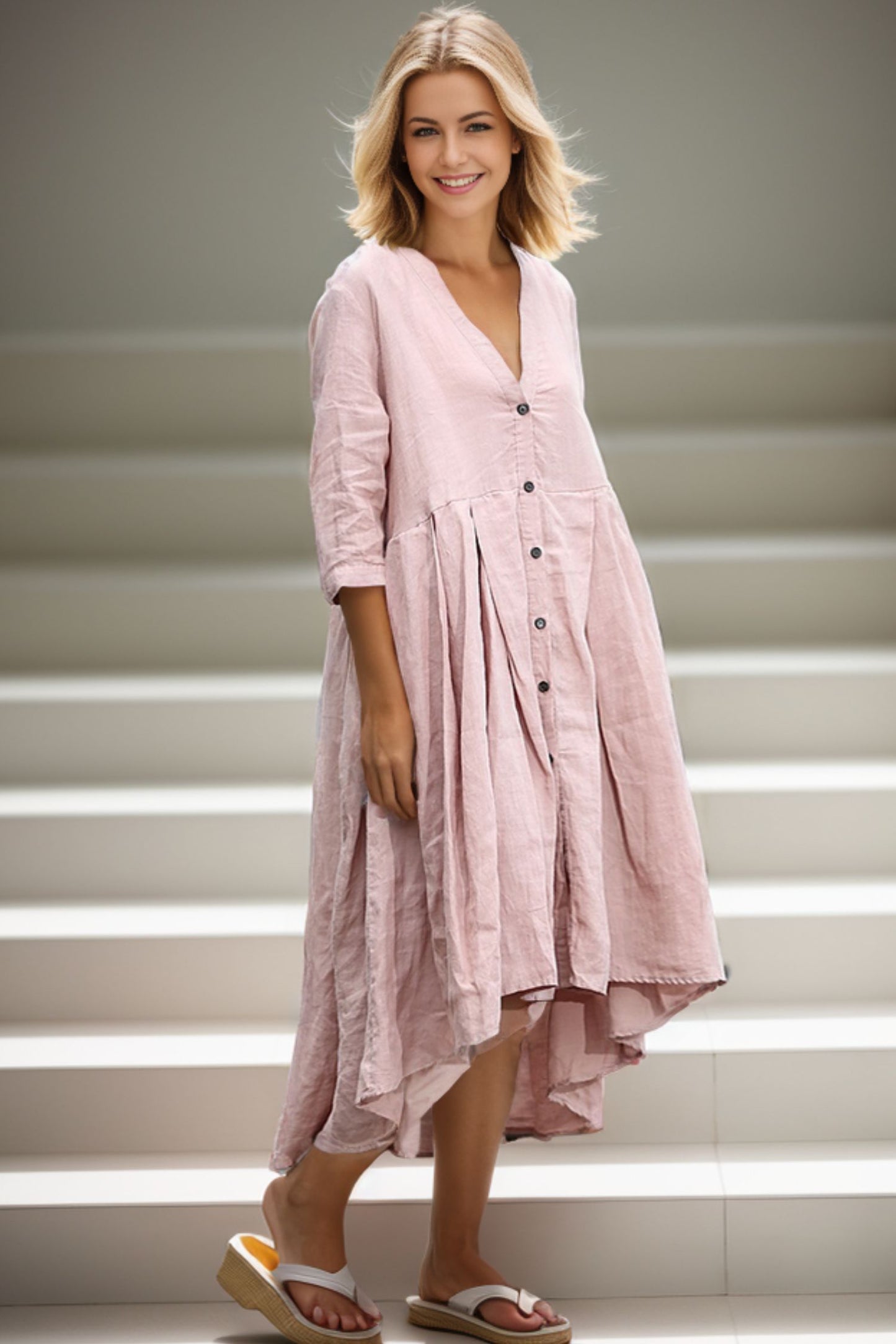 Casual Linen Loose-Fitting Pleated Shirt Dress C276