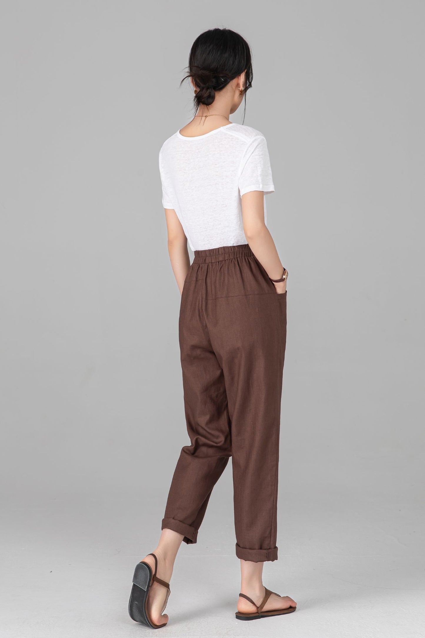 Brown Linen Cotton Harem Pants - Elastic Waist Relaxed Casual Trousers C5523
