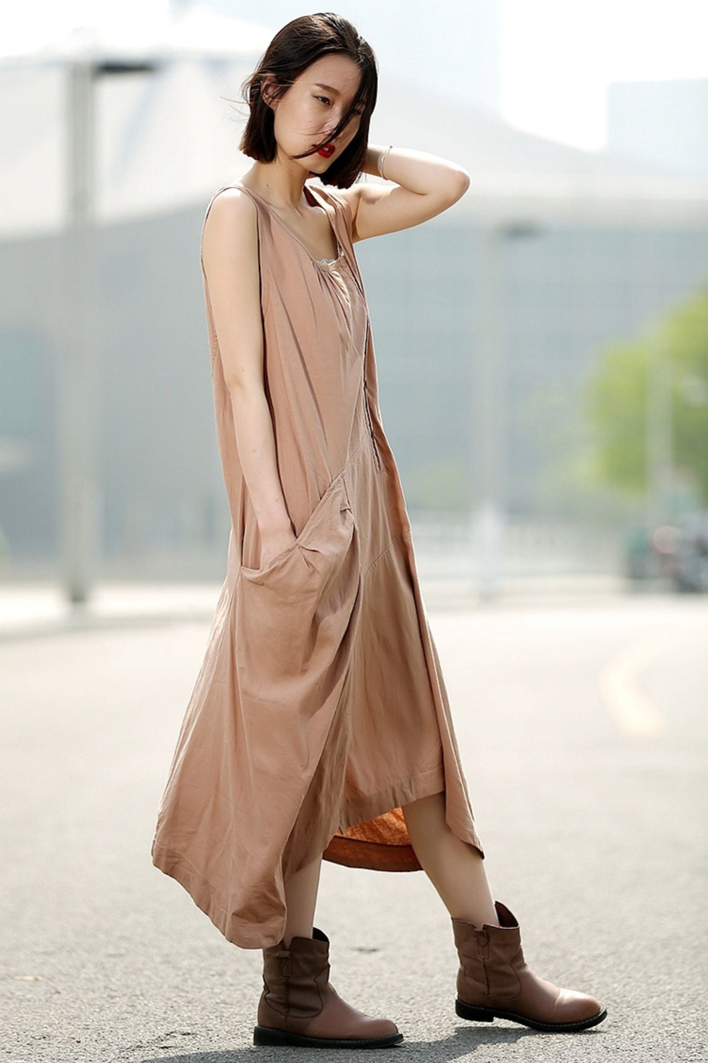 Brown womens long Asymmetrical sleeveless dress C344