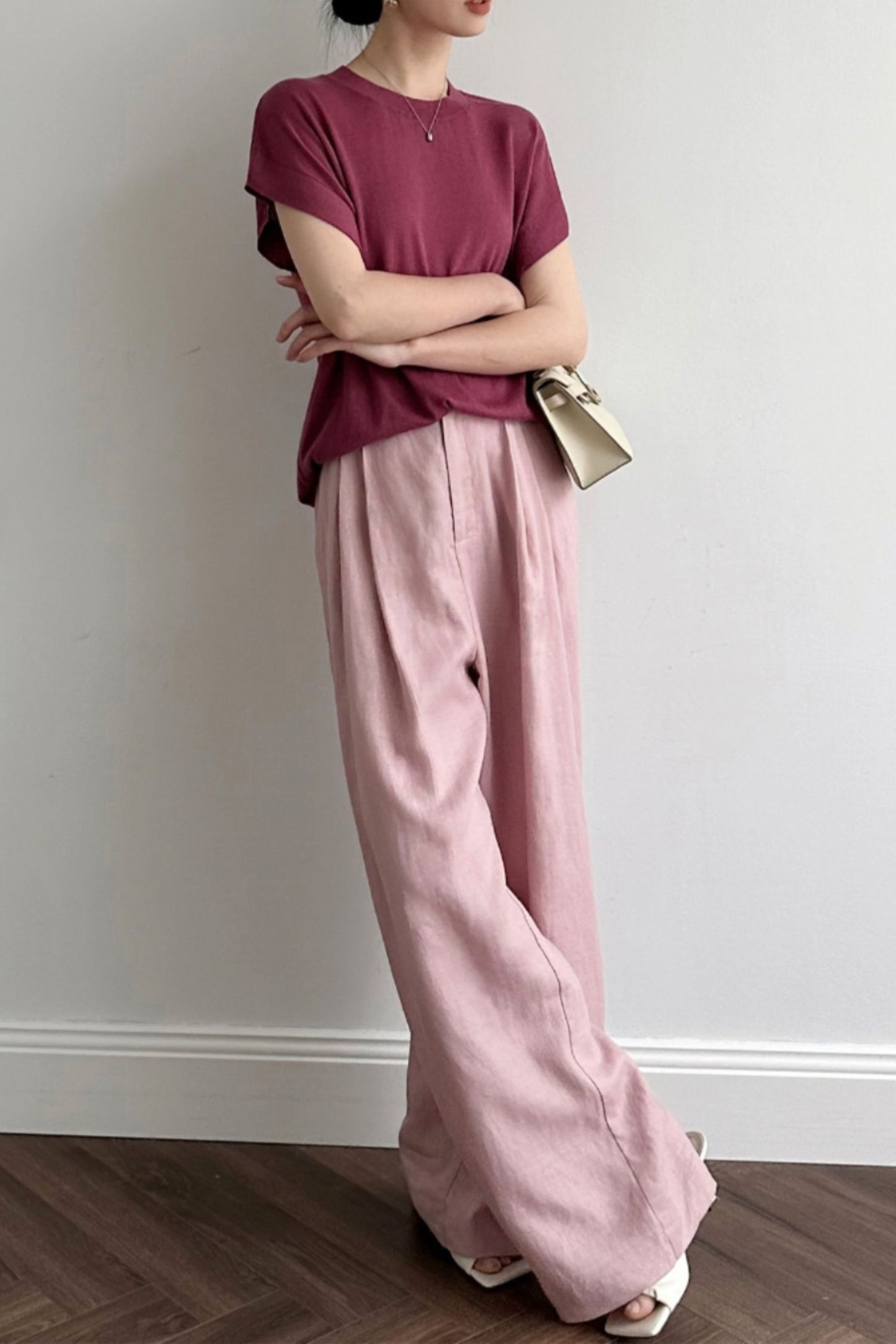 Linen wide leg high waisted pants L0618