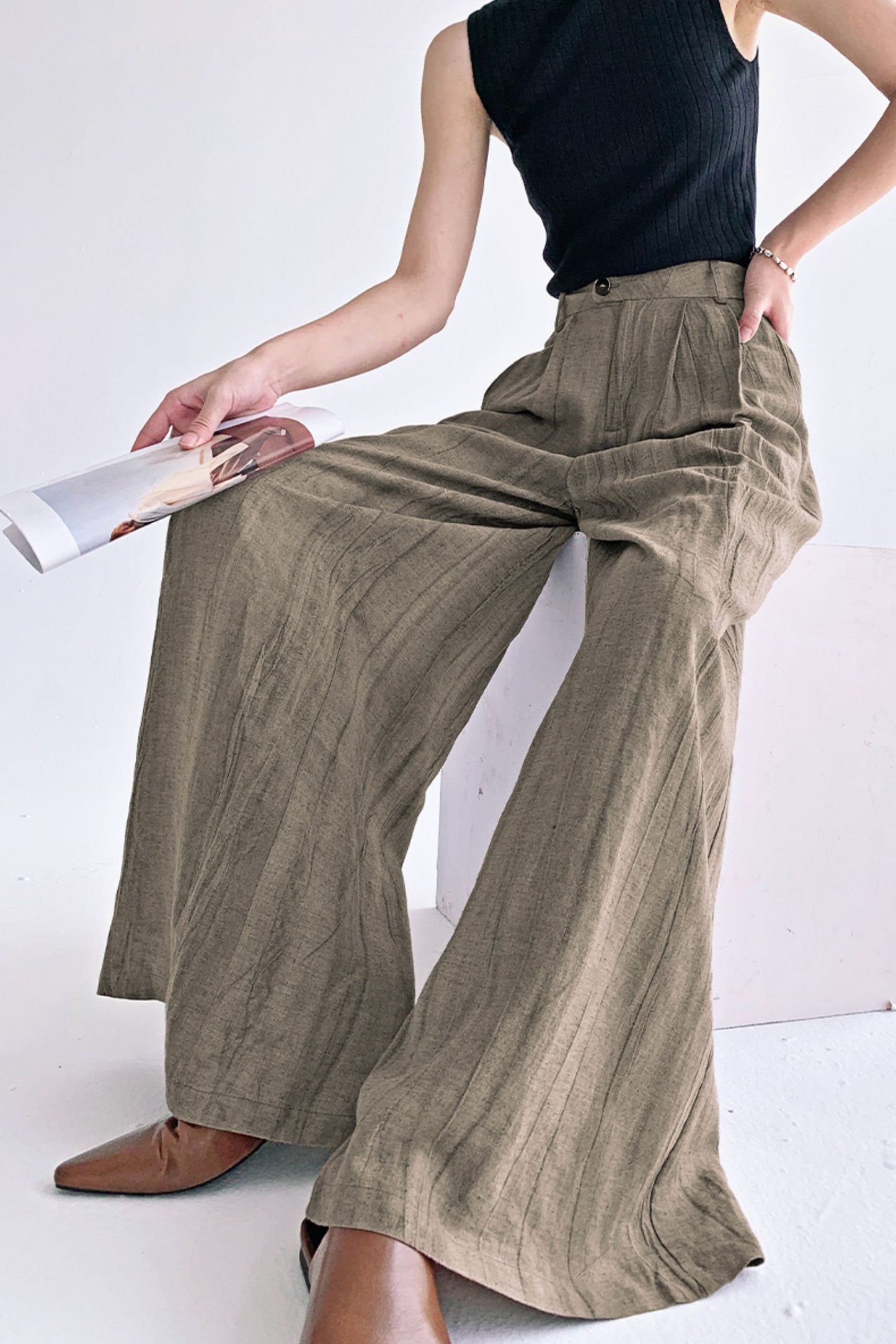 Cotton linen high-waisted loose leisure pants L0609