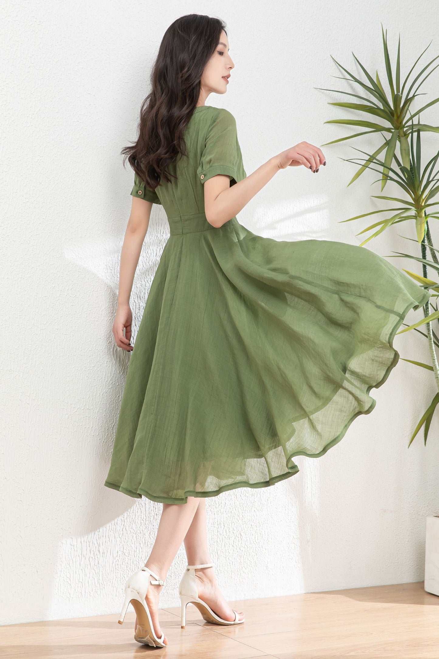 Green Women's swing Linen dress c4982