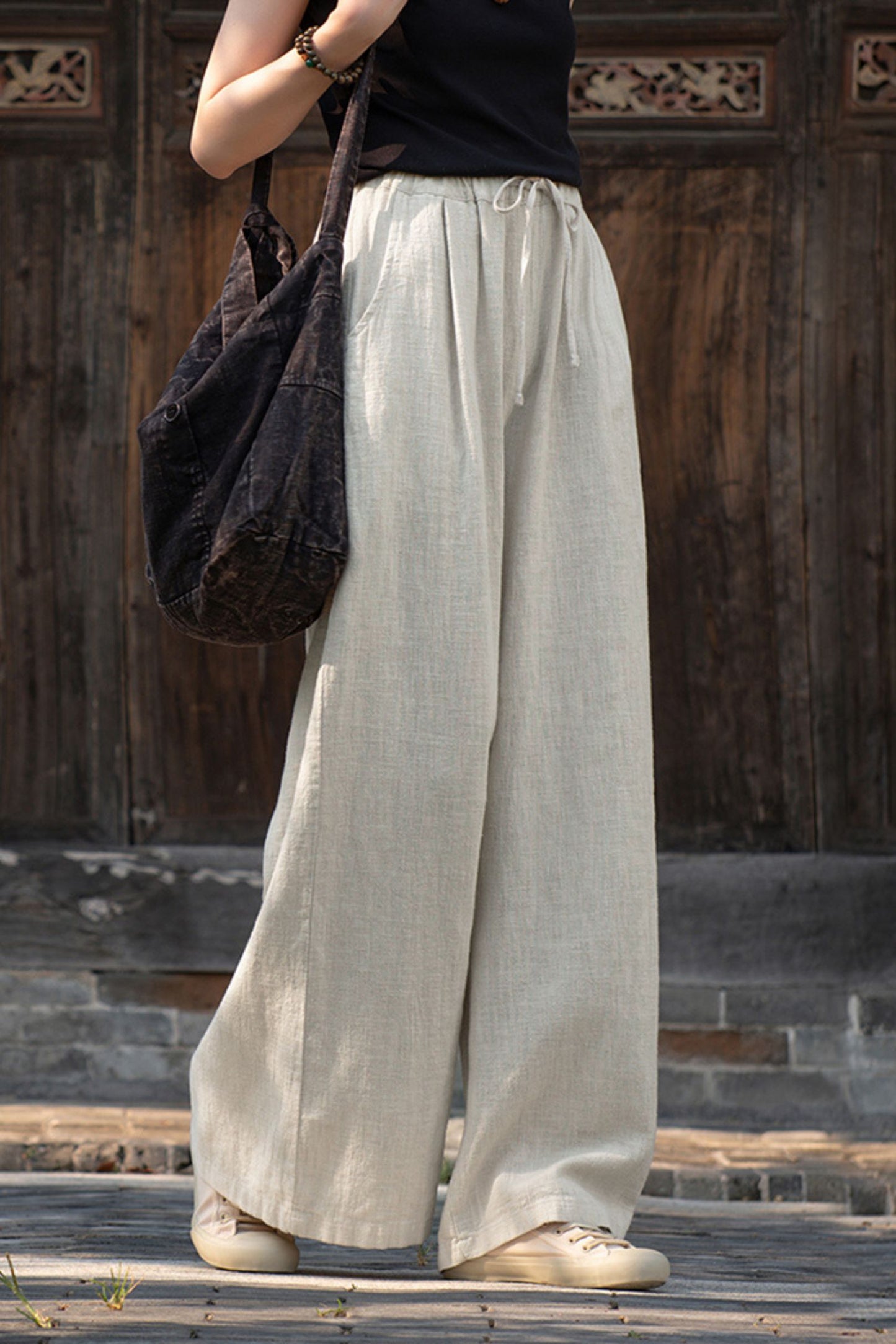 Elastic waist wide leg linen pants L0615