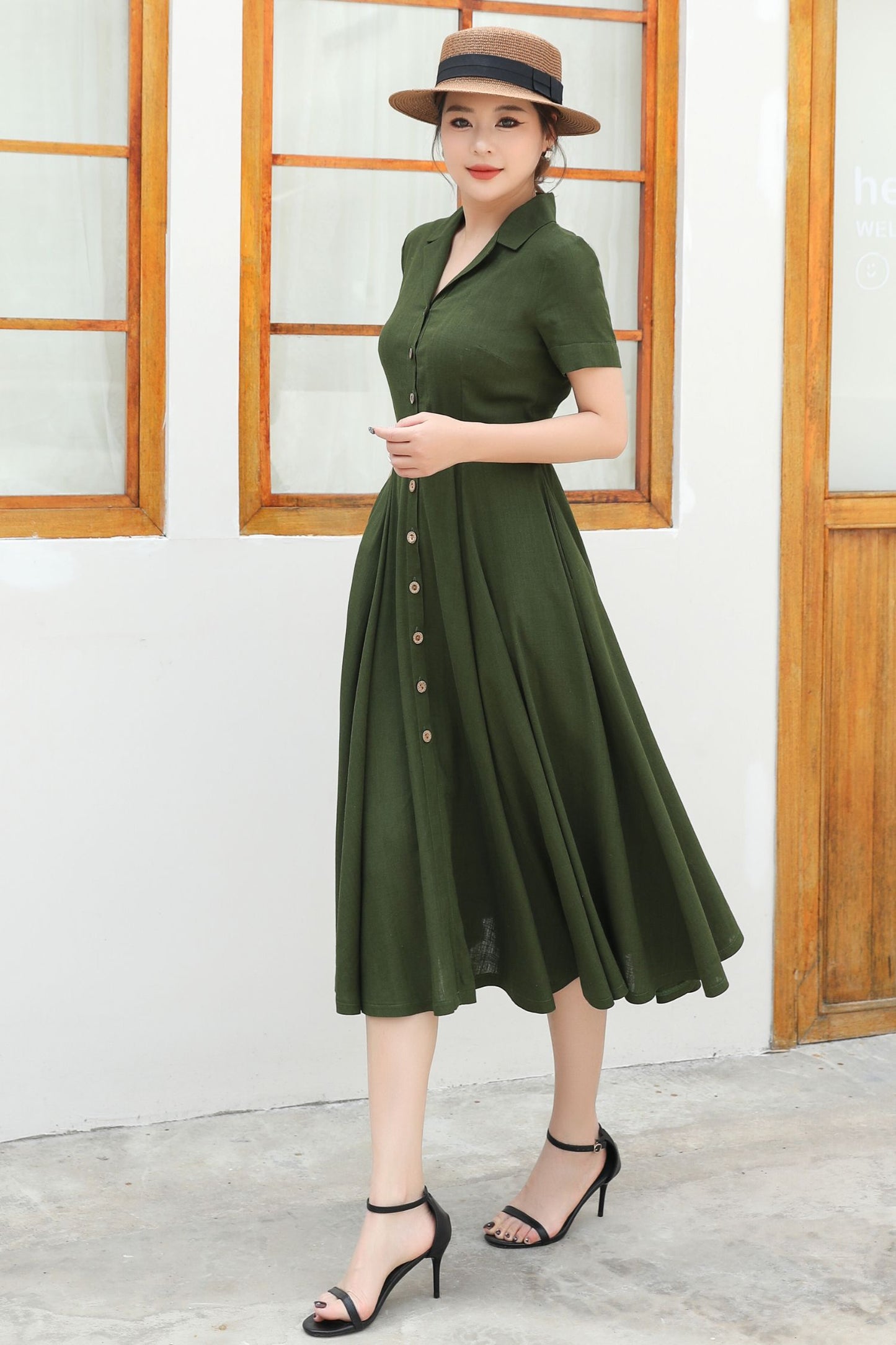 Green Linen Summer Shirt dress c4833