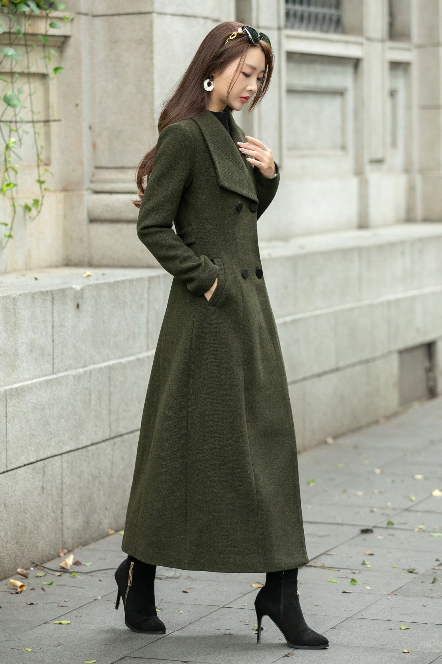 Military green a line wool coat C4504