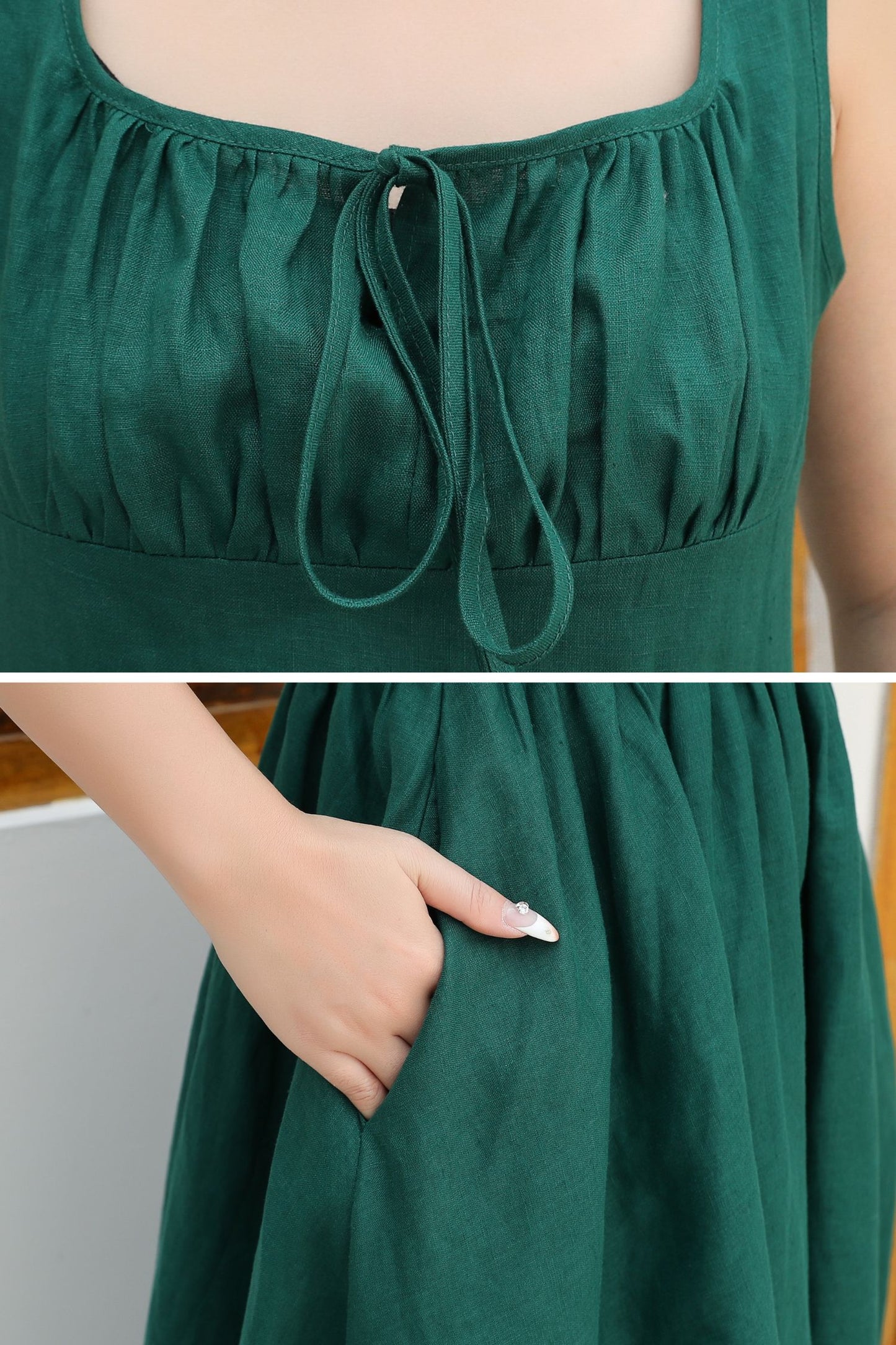 Flattering High-Waisted Green Linen Pinafore Dress c4838