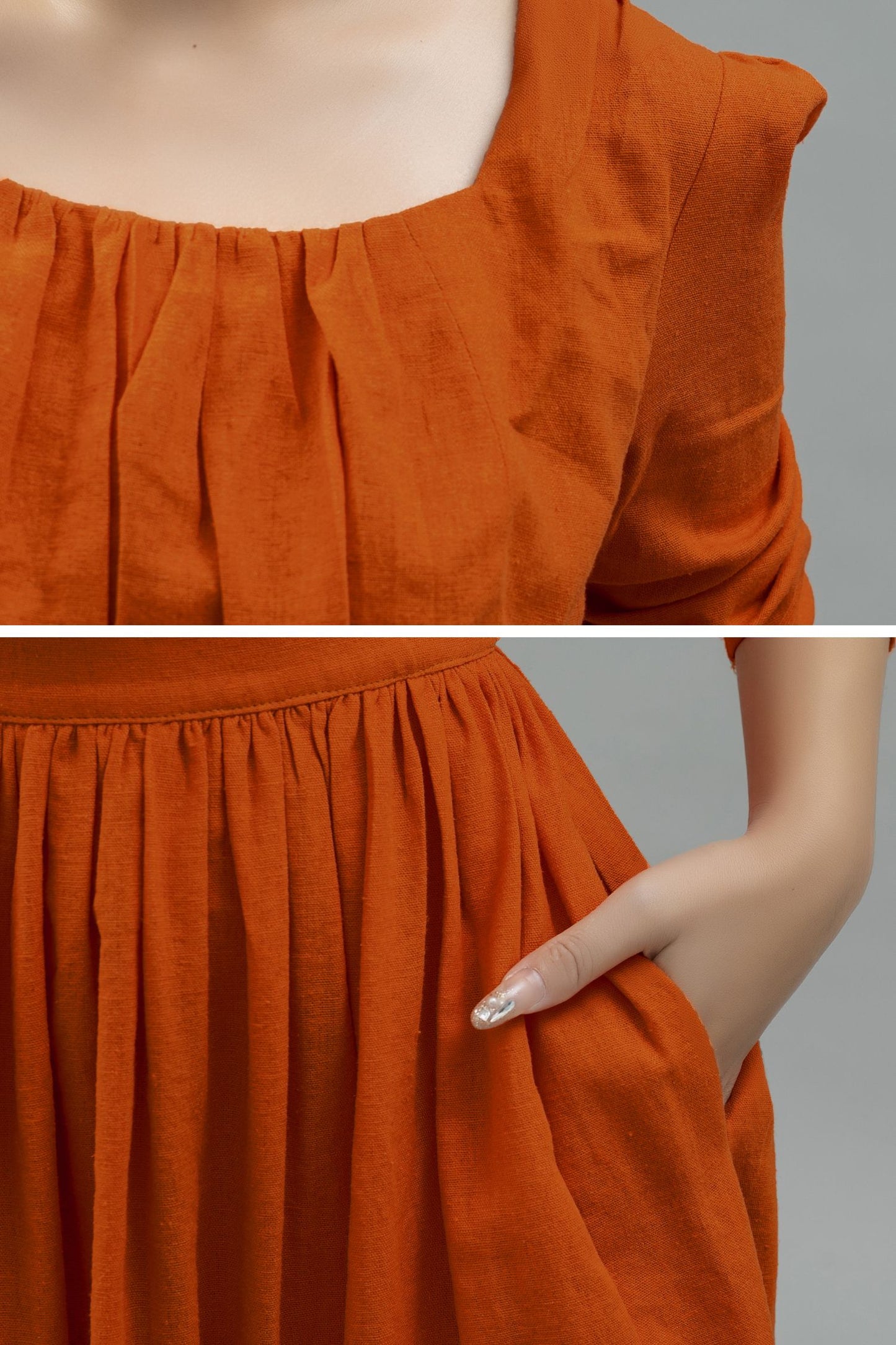 Orange Linen Midi Dress - Gathered Waist A-Line Silhouette C4750
