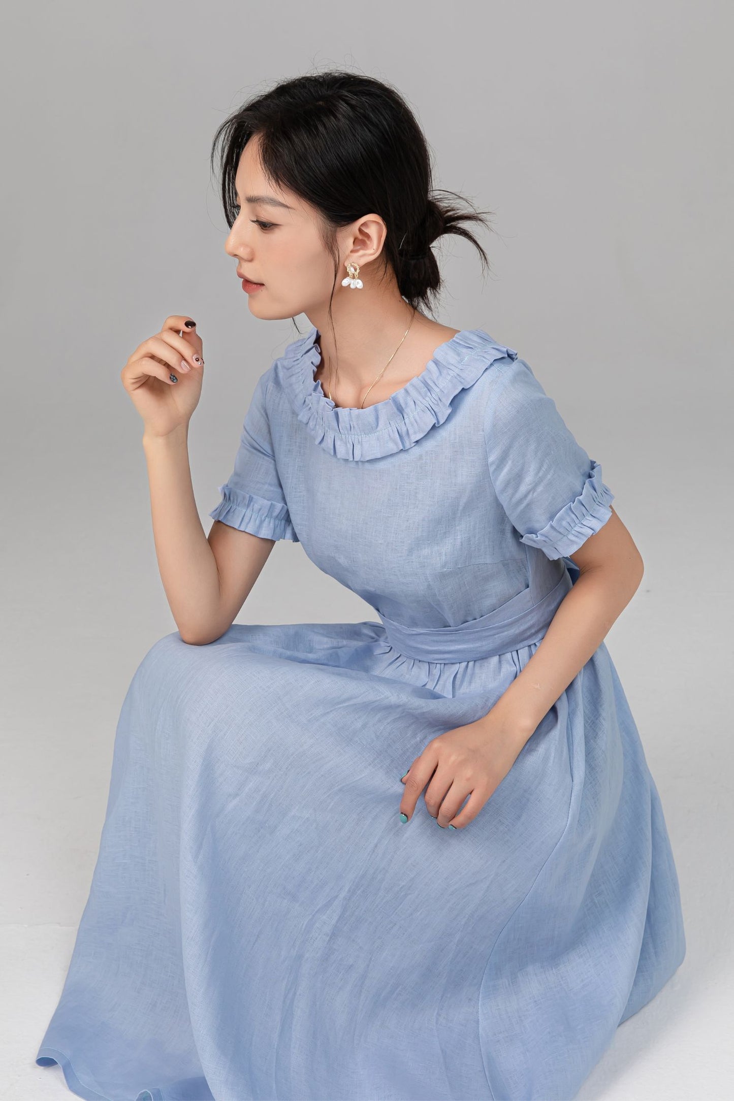Light Blue Linen Midi Dress - Ruffle Neckline, Fit-and-Flare Silhouette c5518