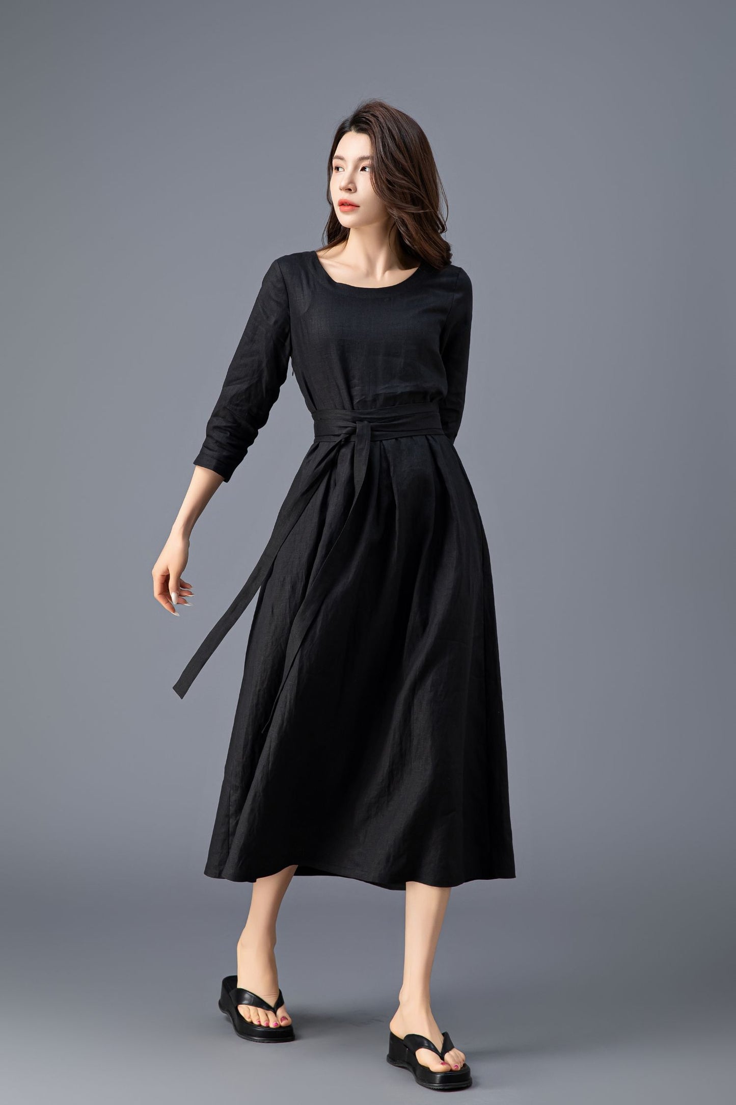Women's Casual Belted  Black Linen Dress C3911