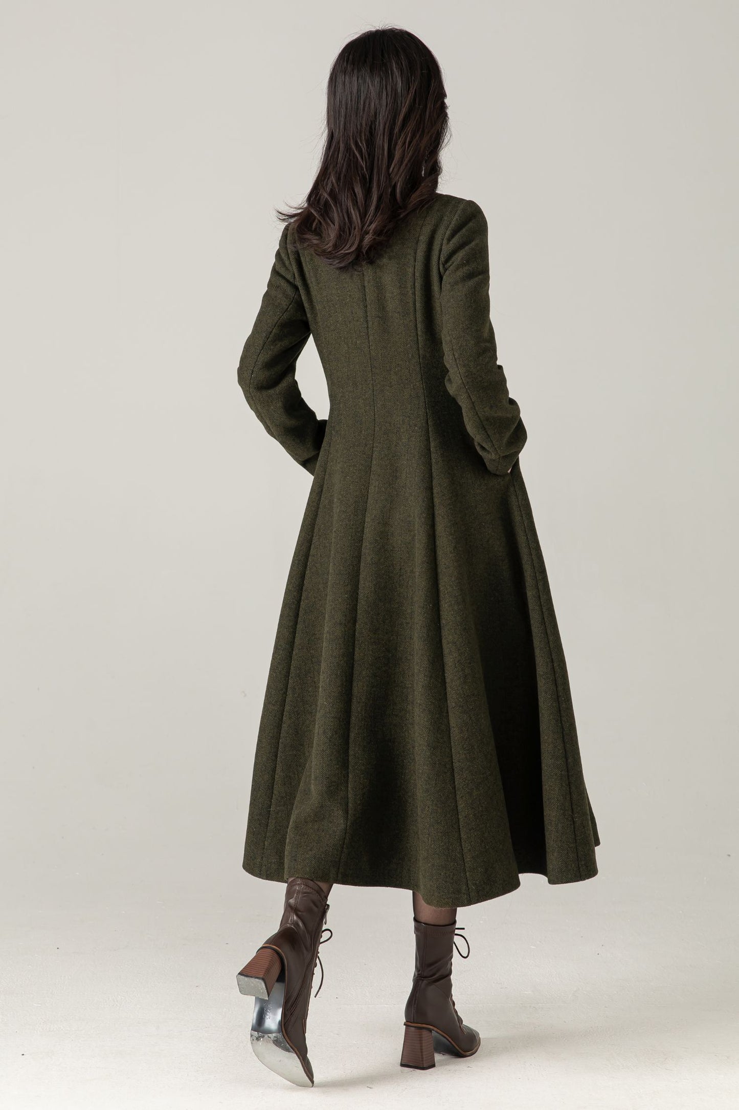 Olive Green Wool Blend Maxi Coat - Fit and Flare with Asymmetric Collar 5373