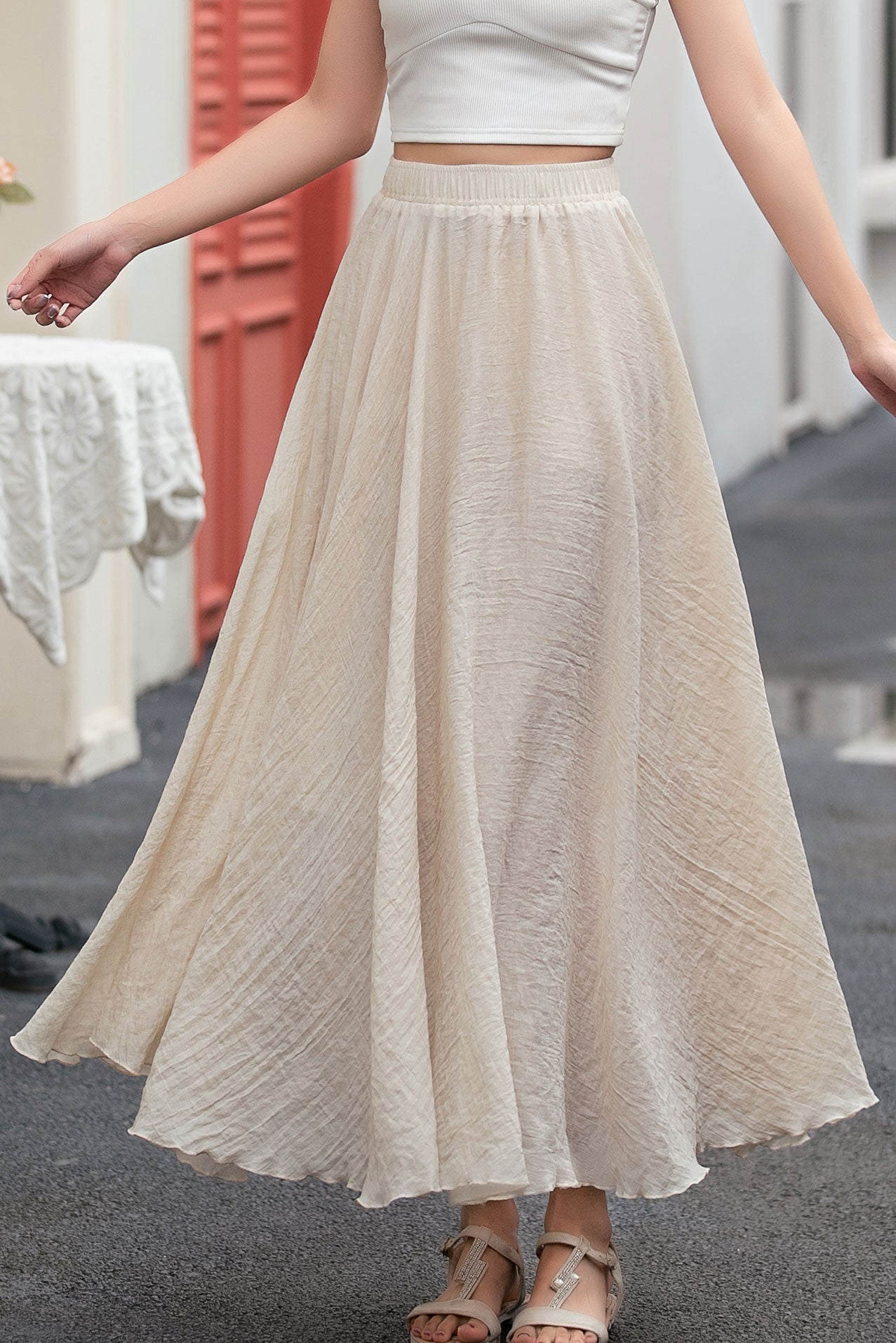 A line beige long linen skirt women C5033