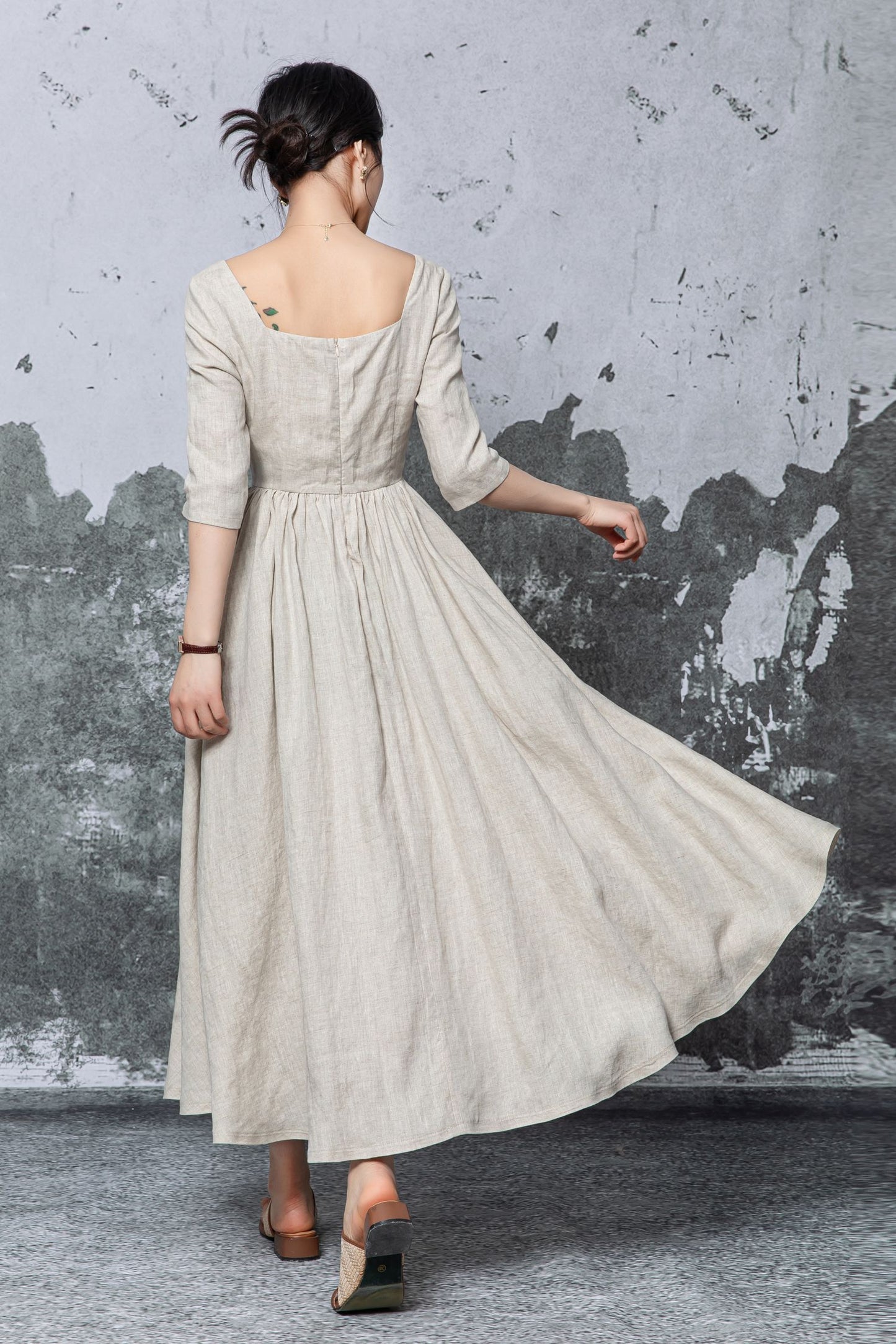 Beige Linen Maxi Dress - Square Neck, Empire Waist c5470