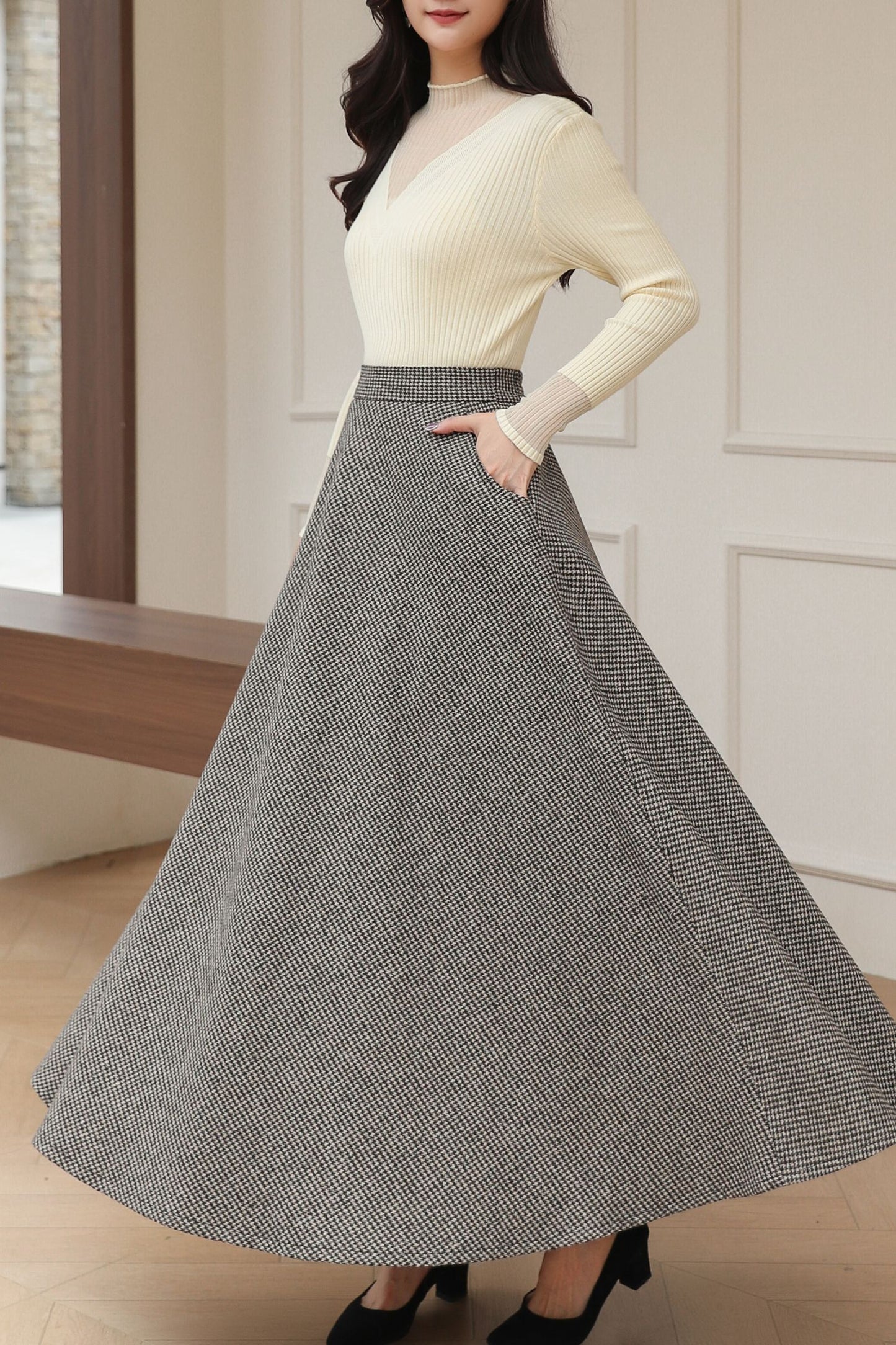 Vintage Classic Long Maxi Plaid Wool Skirt C5190