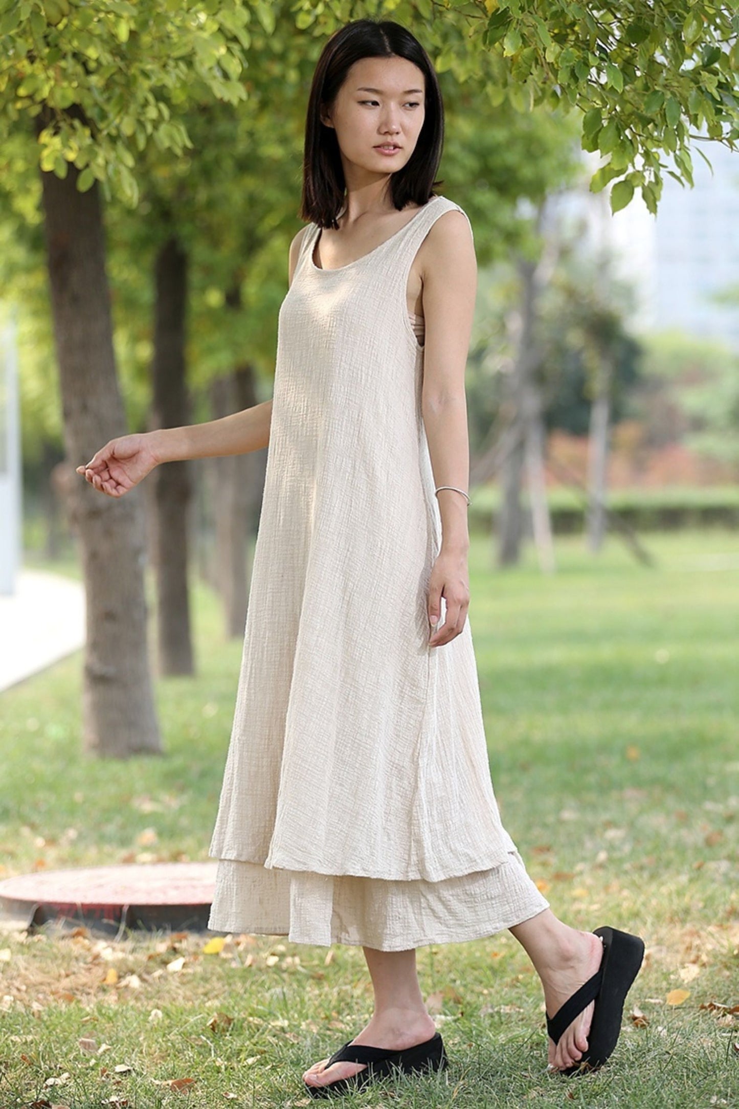 Casual sleeveless linen dress with double layerd hem C282