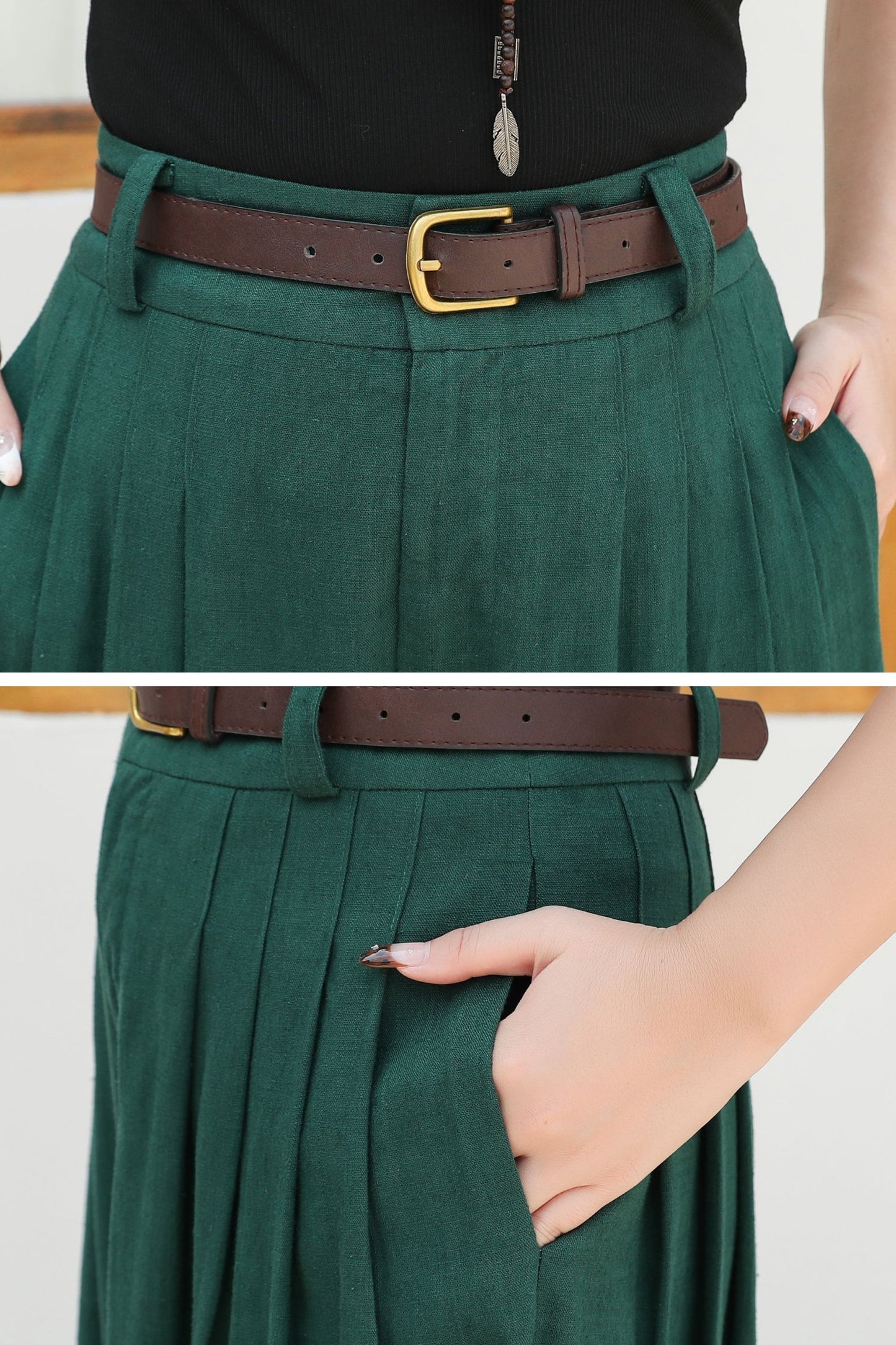 Wide leg green linen pants c4836