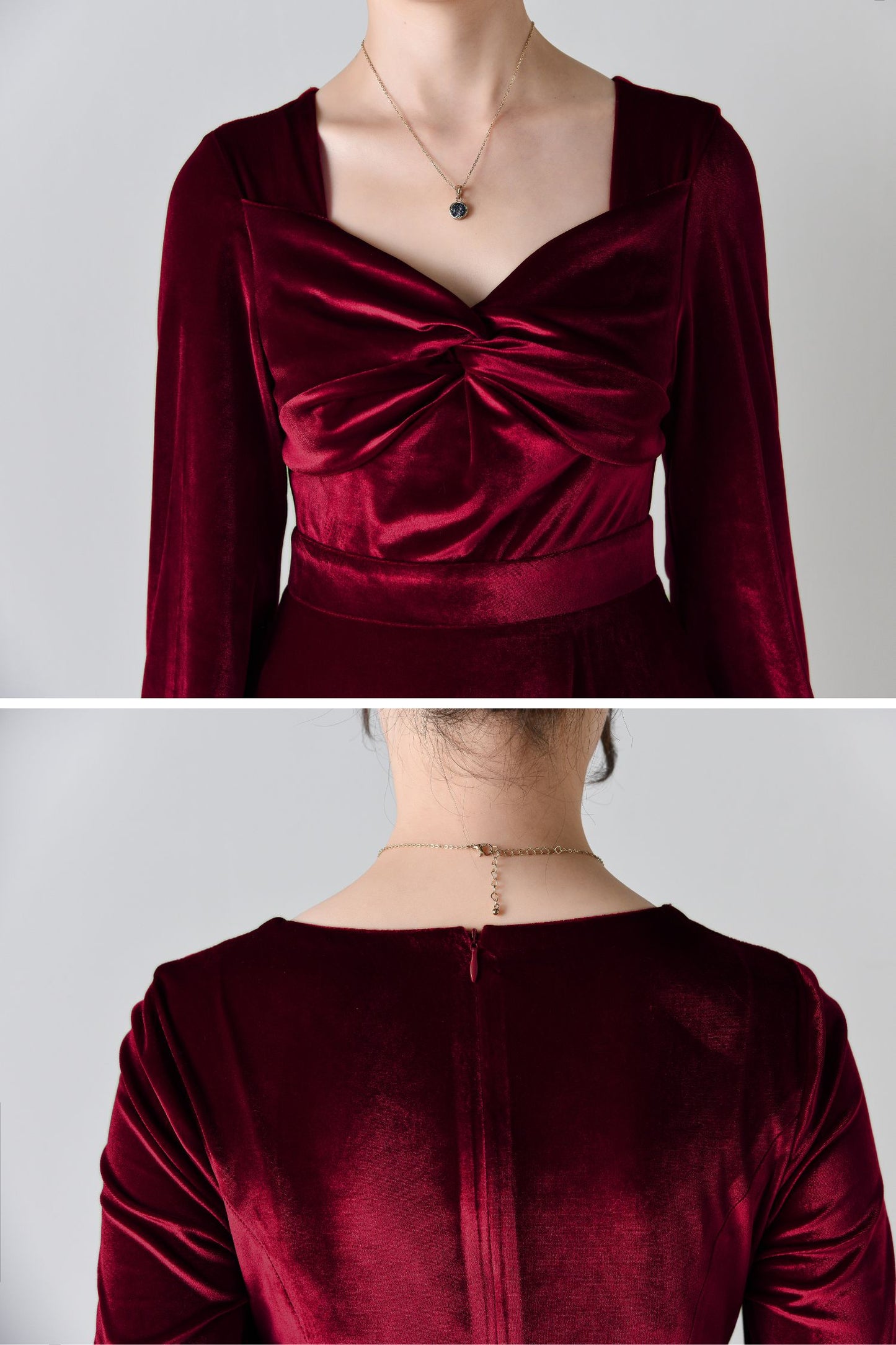 Elegant Burgundy Velvet Long Dress C4699