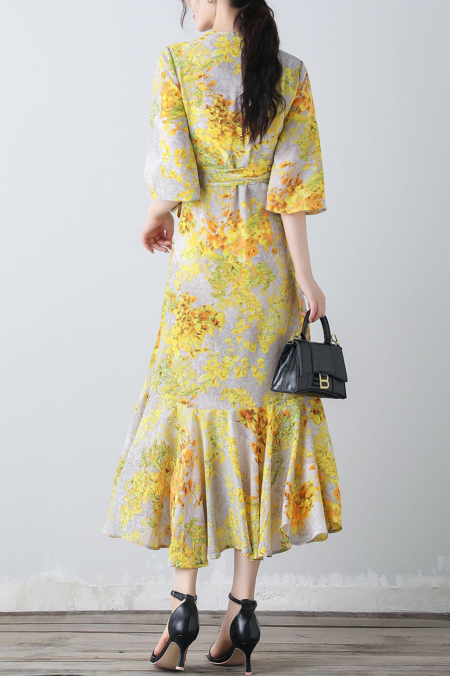 Yellow floral V-neck romantic dress C3453