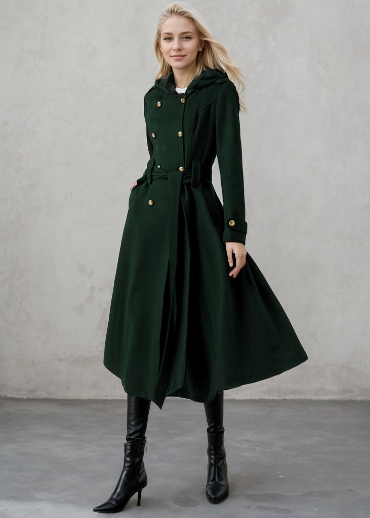 Long Double Breasted Hooded Wool Coat C4406
