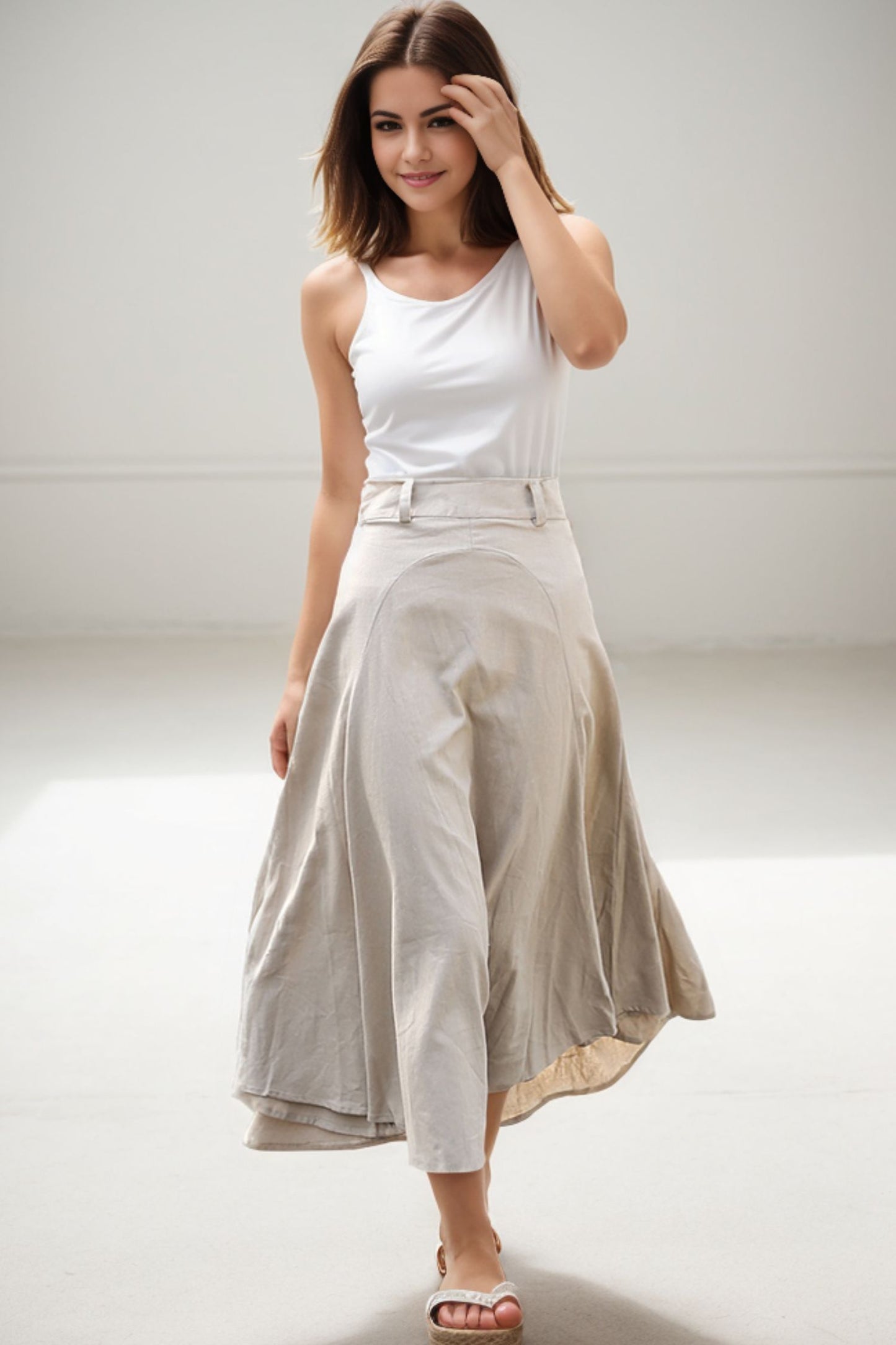 Beige Linen Skirt - Modern Casual Everyday Flattering Slim-Fitted Calf Length Versatile Woman's Skirt C290