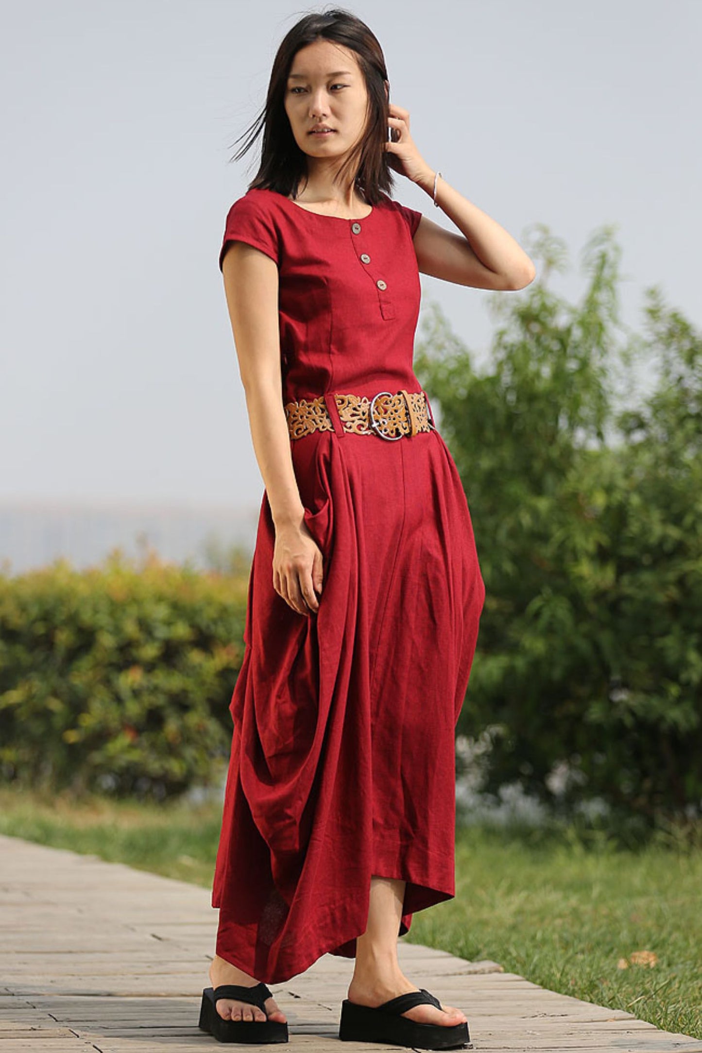 Linen Summer red womens asymmetrica dress C255