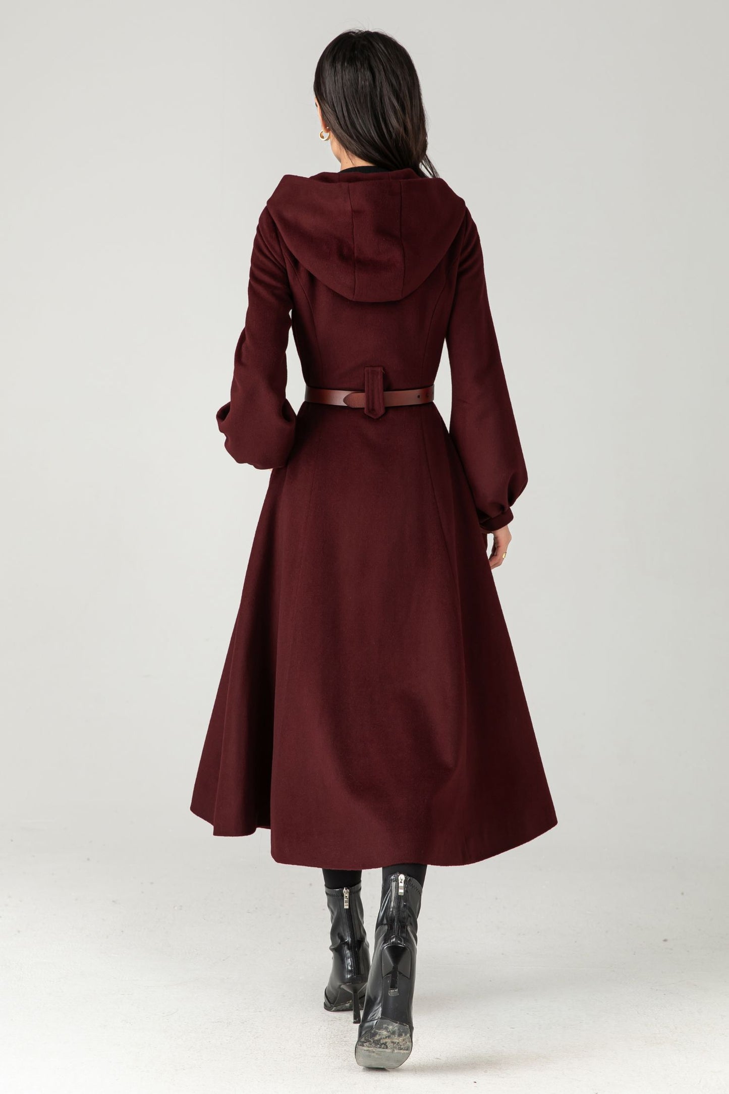 Burgundy Wool Blend Hooded Coat: Retro Belted A-Line Long Winter Coat C5343