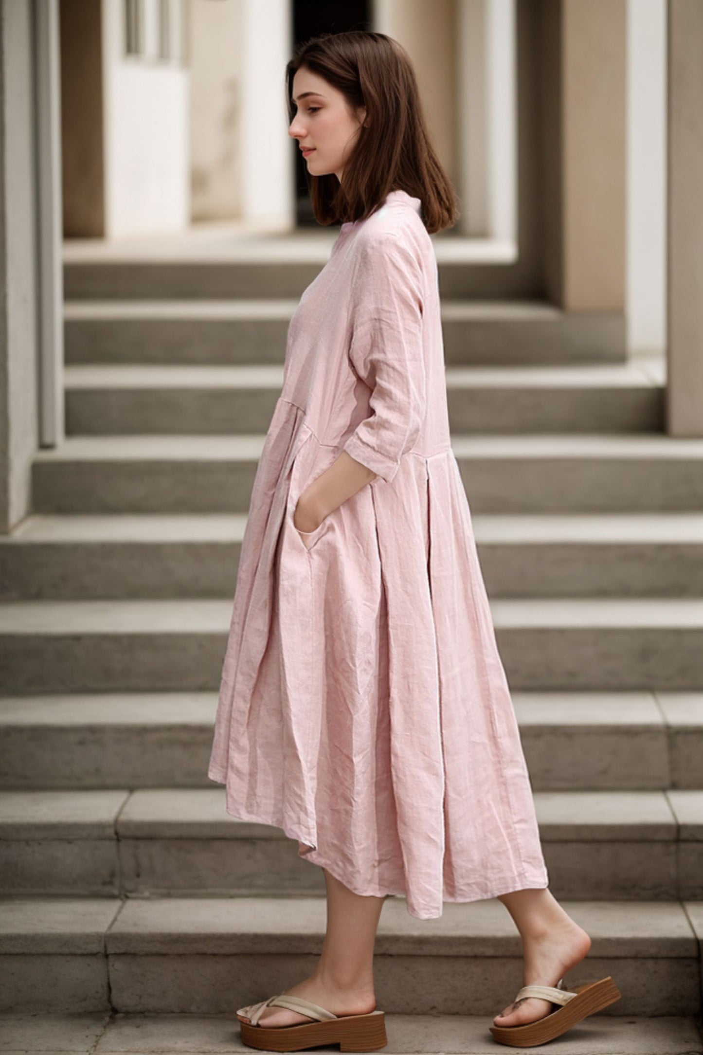 Casual Linen Loose-Fitting Pleated Shirt Dress C276