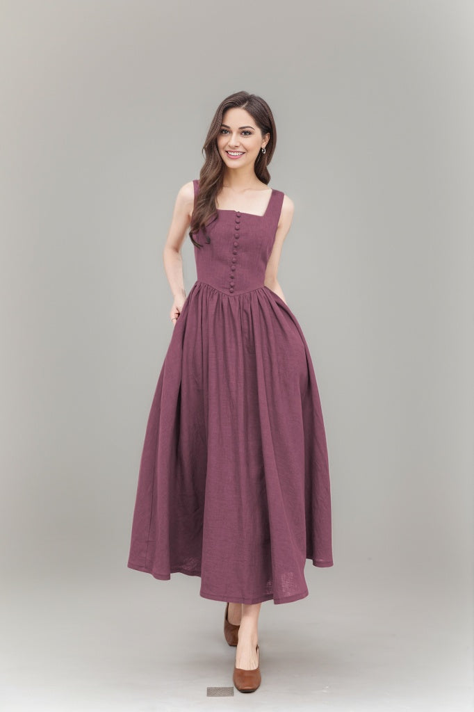 Purple Sleeveless Linen Pinafore Dress C4789