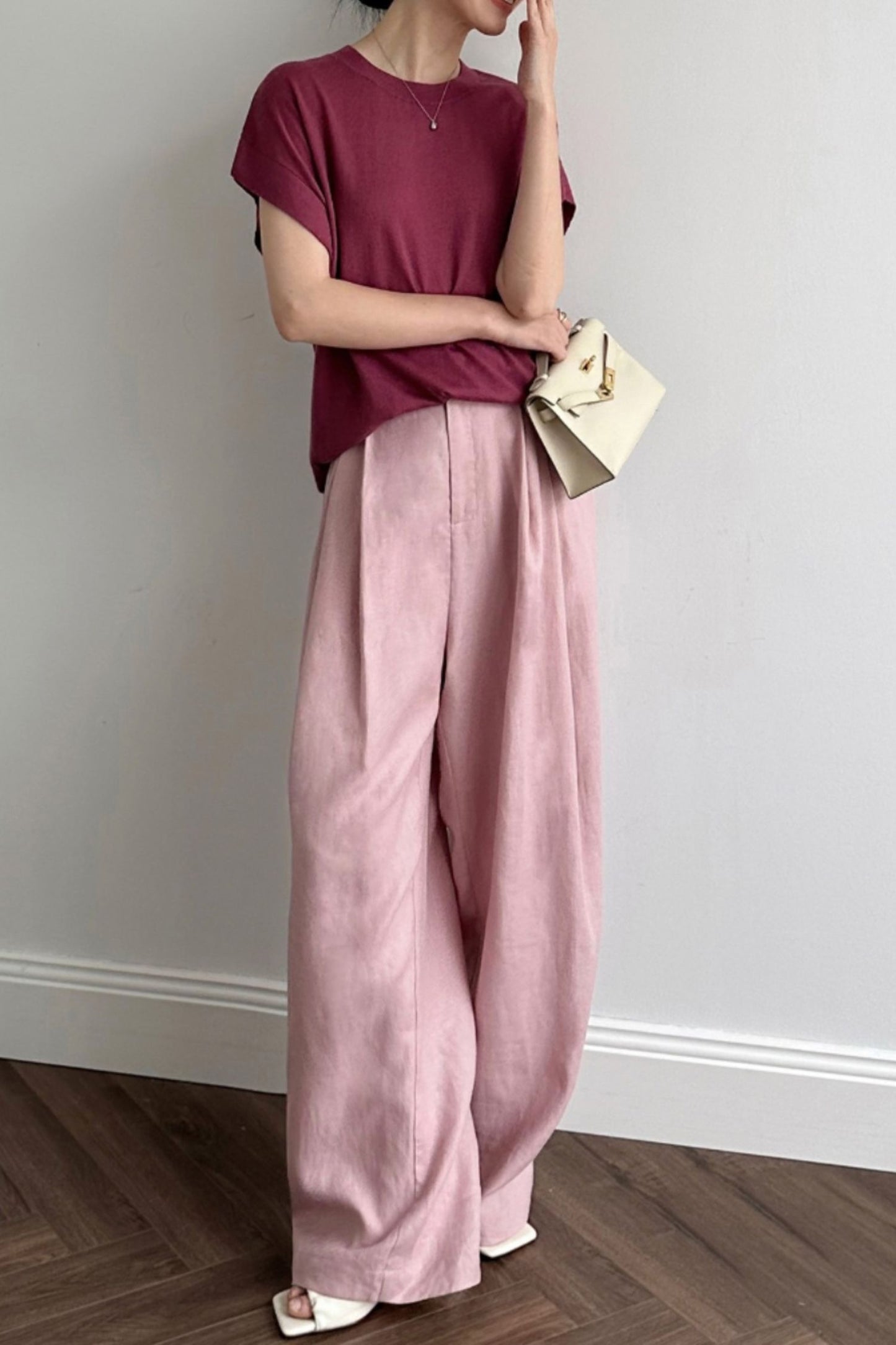 Linen wide leg high waisted pants L0618