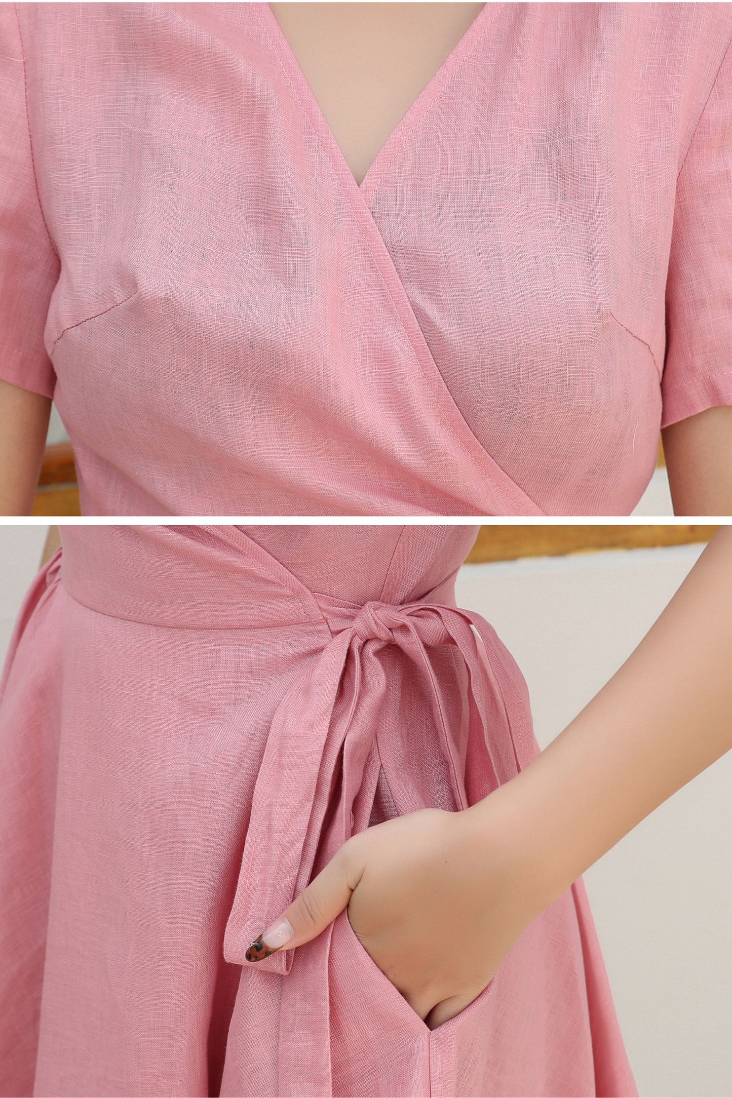 Pink Wrap summer Linen dress c4837
