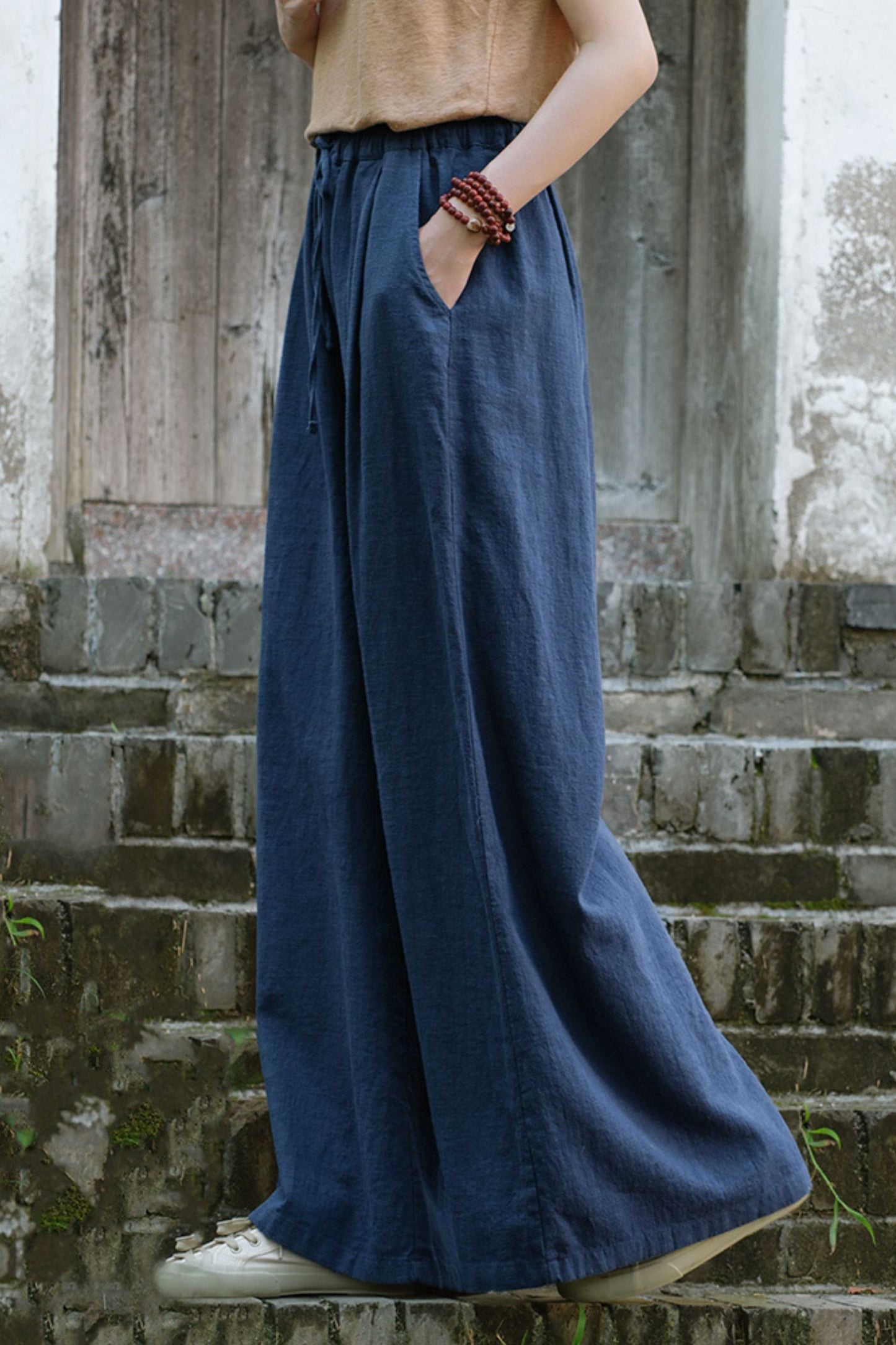 Elastic waist wide leg linen pants L0615