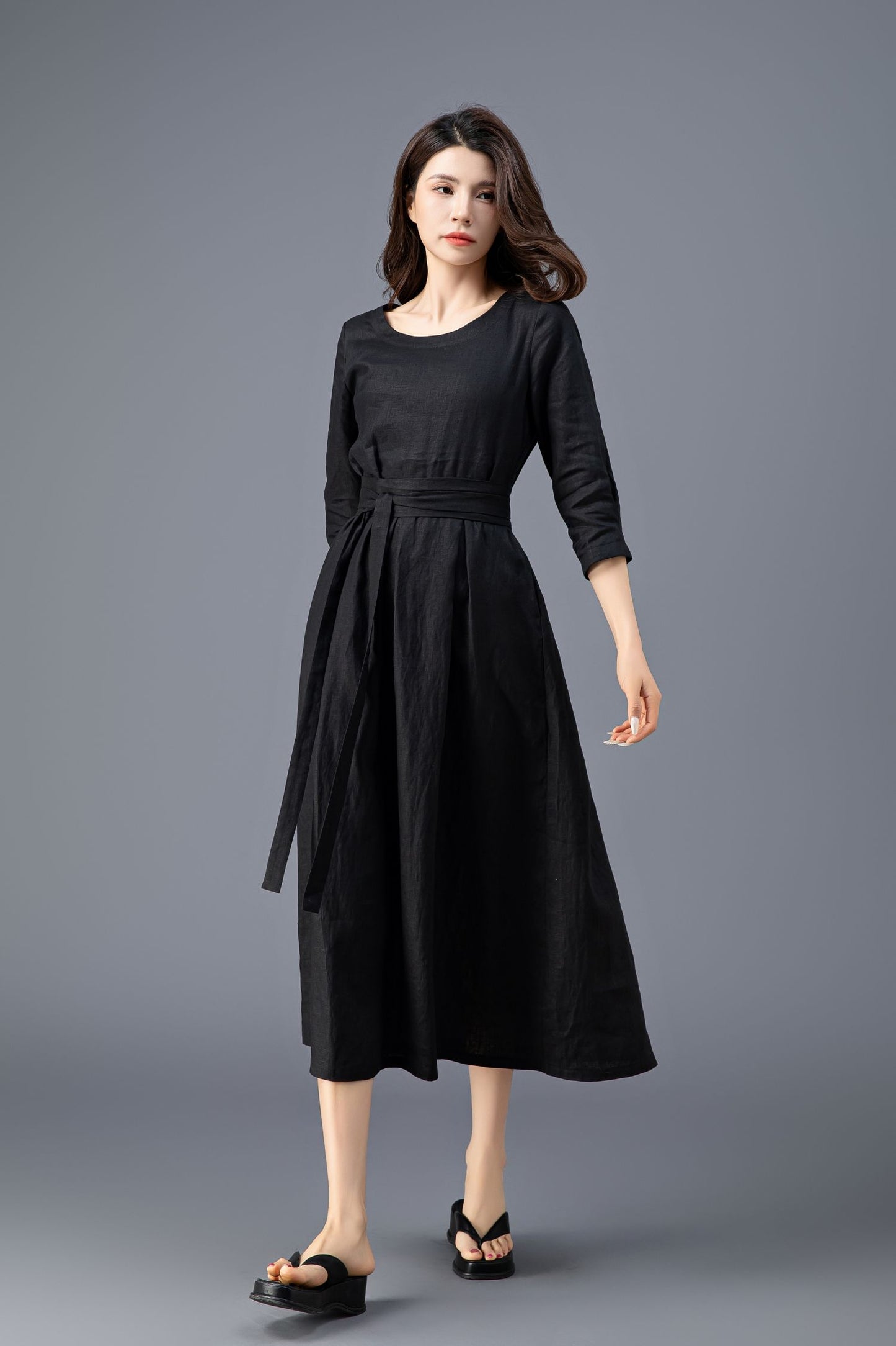 Women's Casual Belted  Black Linen Dress C3911