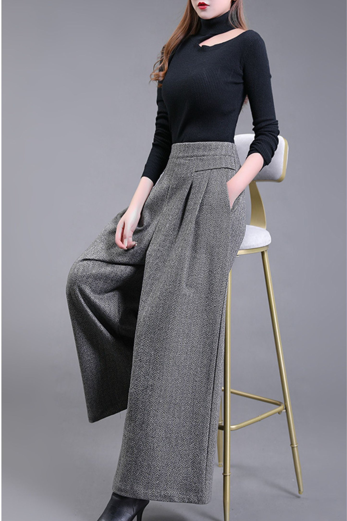 Long wide leg winter wool pants c5085