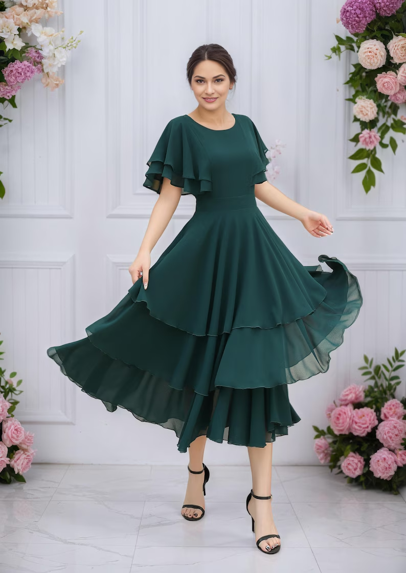 Green ruffle chiffon dress women C4832
