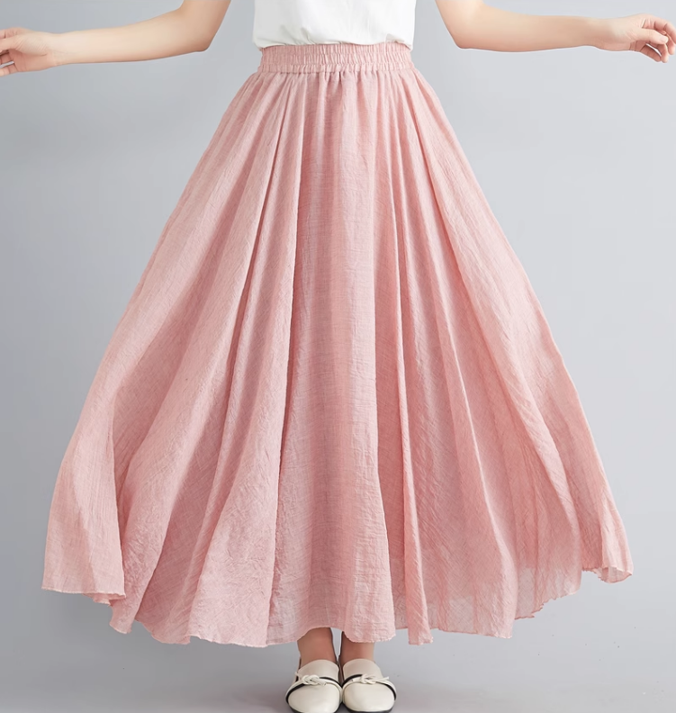 Elastic waist swing linen skirt women C5023-13 (pink)